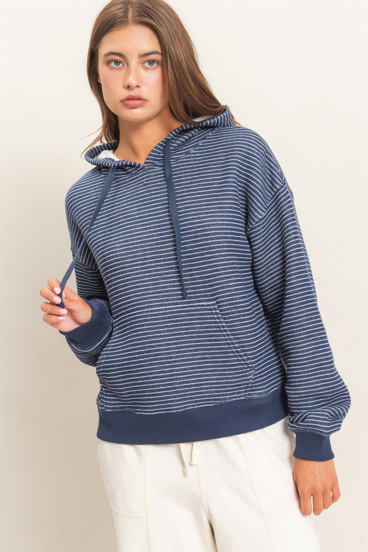 Wholesale Striped French Terry Hoodie Hoodies DZ26C619 NAVY DOUBLE ZERO