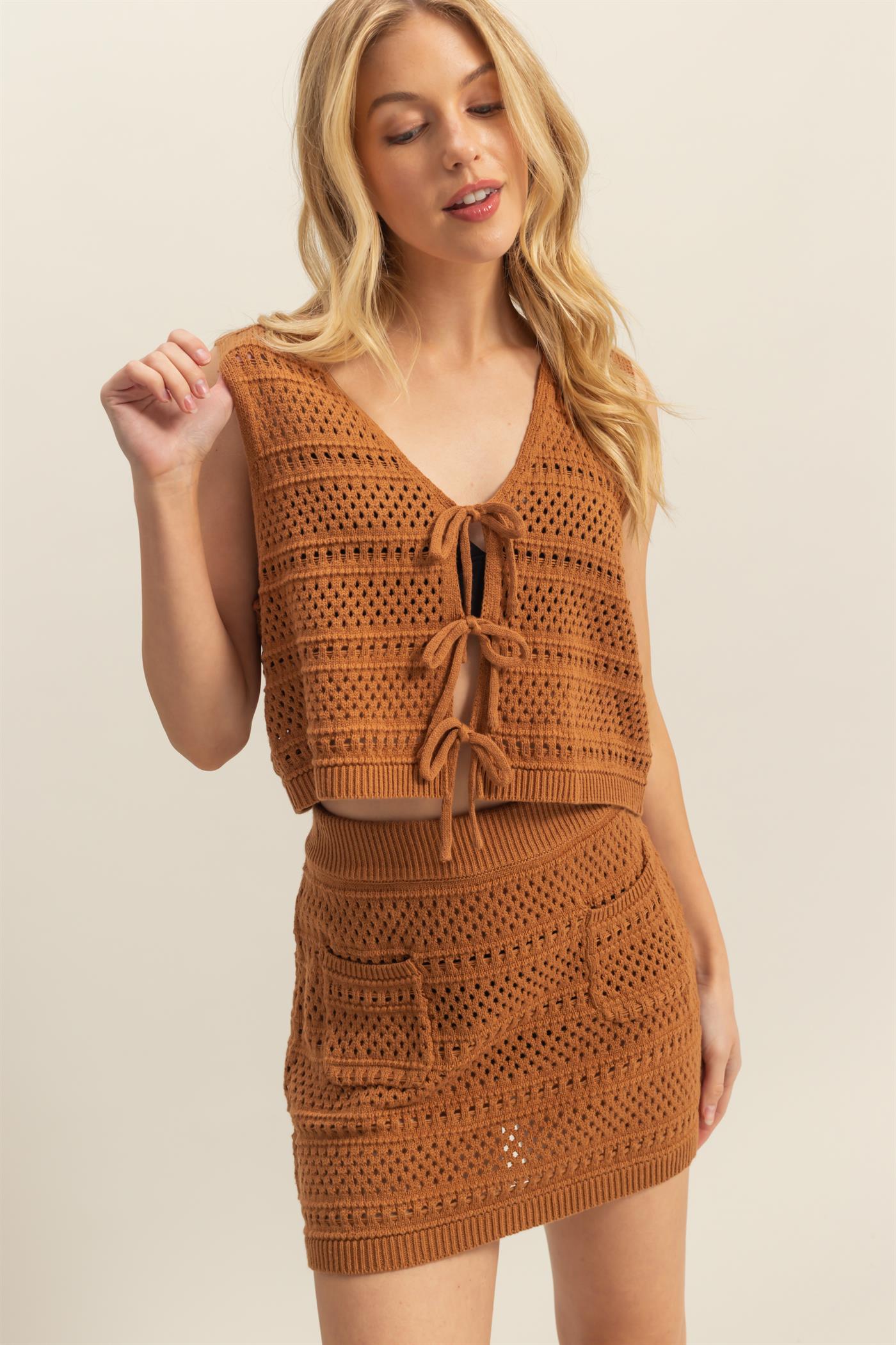 Wholesale Ribbon Tie Sleeveless Top And Skirt Crochet Set Clothing HF25C662-SET CAMEL HYFVE