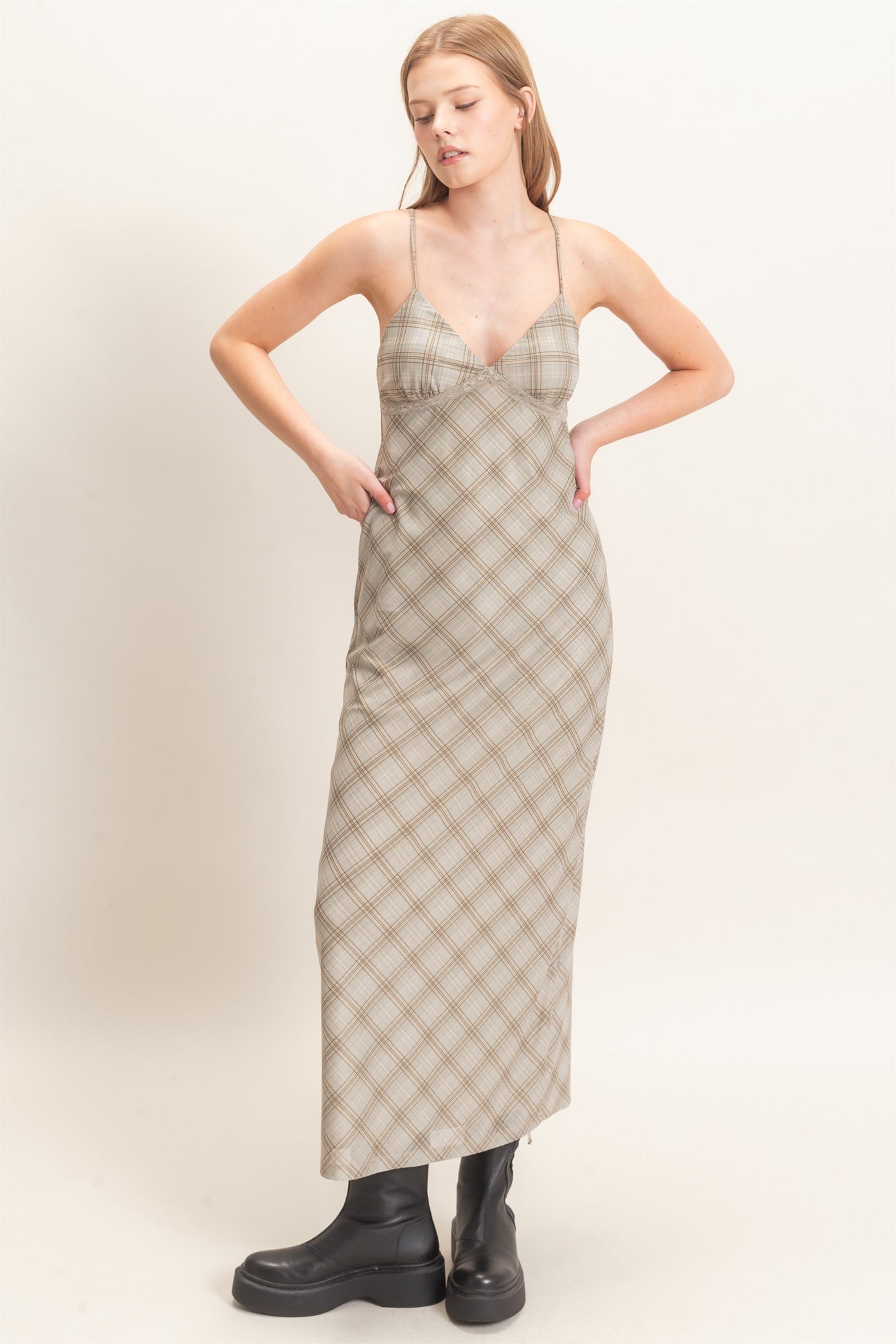 Wholesale Plaid Spaghetti Strap Midi Dress Dresses HF26E709 SAGE HYFVE