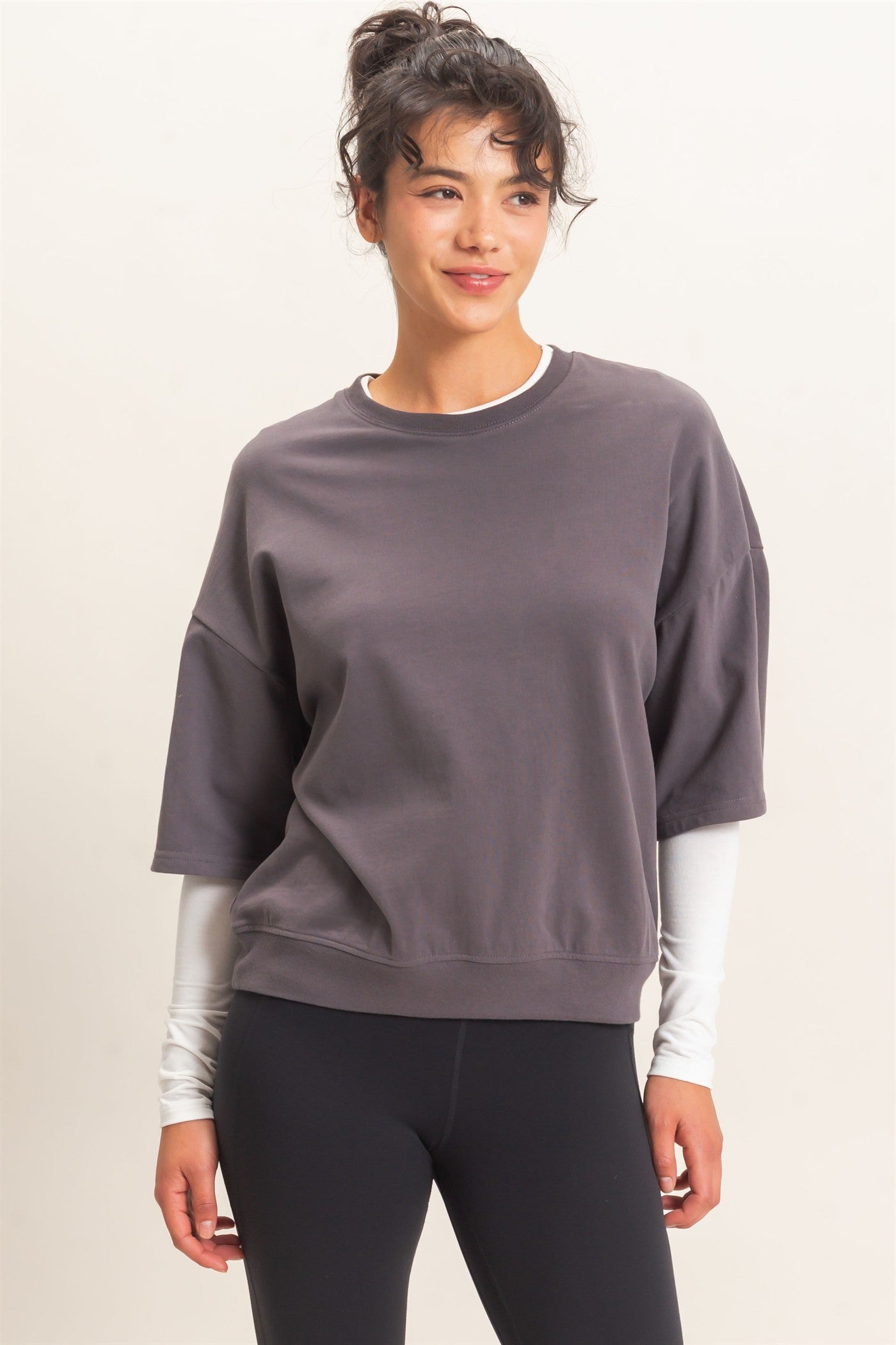 Wholesale Washed Crew Neck Short Sleeve Top Clothing Tops DZ26E381 CHARCOAL DOUBLE ZERO