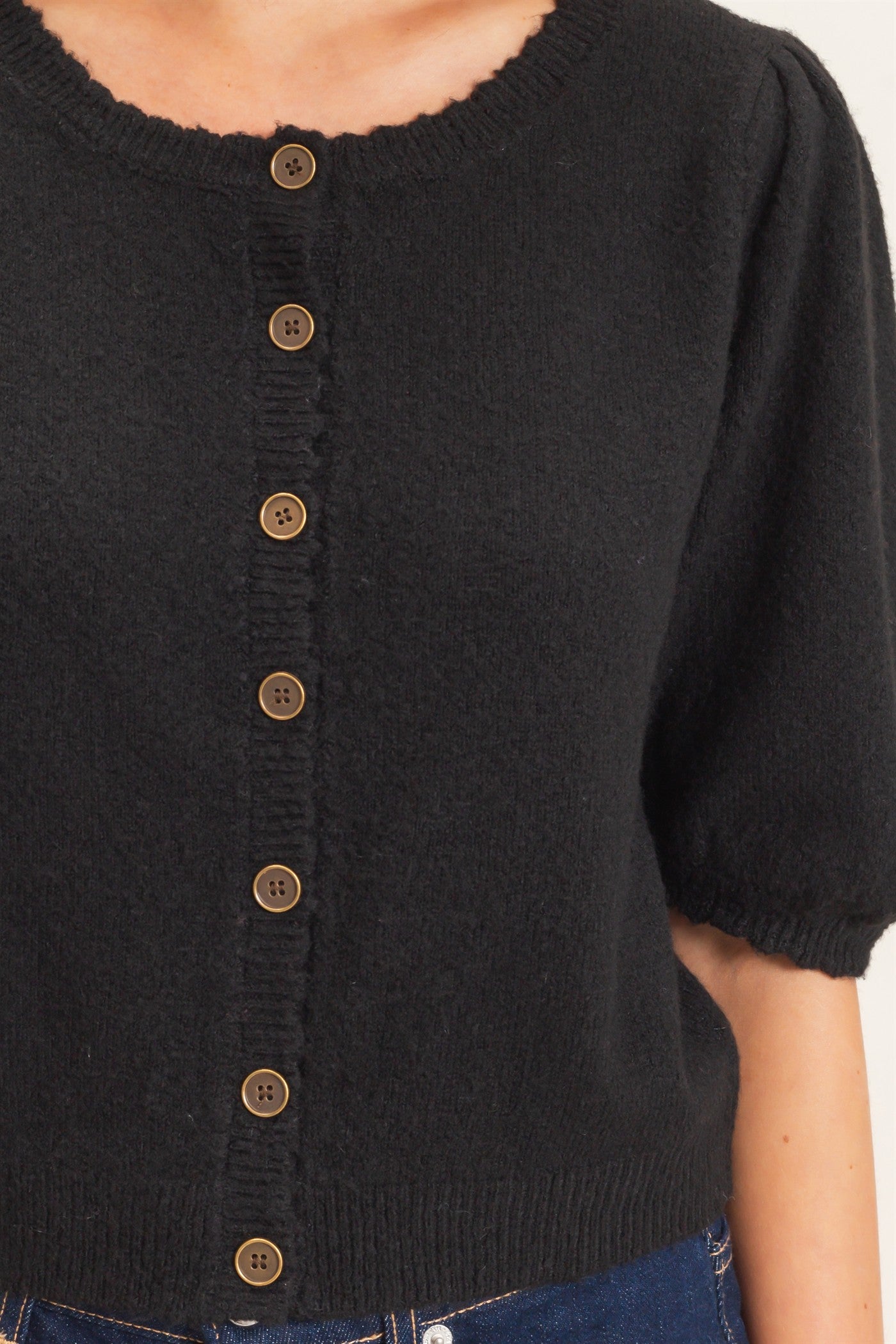 Wholesale Button-Up Puff Sleeve Sweater Cardigan Cardigans HF26E165 BLACK HYFVE