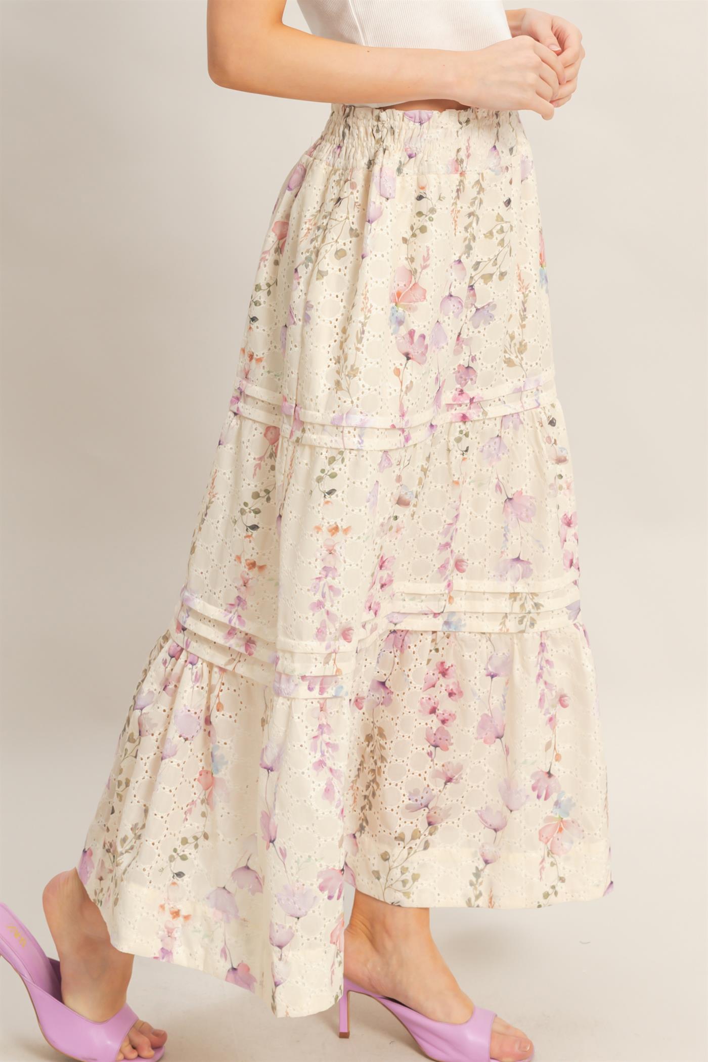 Wholesale Floral Smocked Waist Skirt Skirts HF26A361-D YELLOW HYFVE