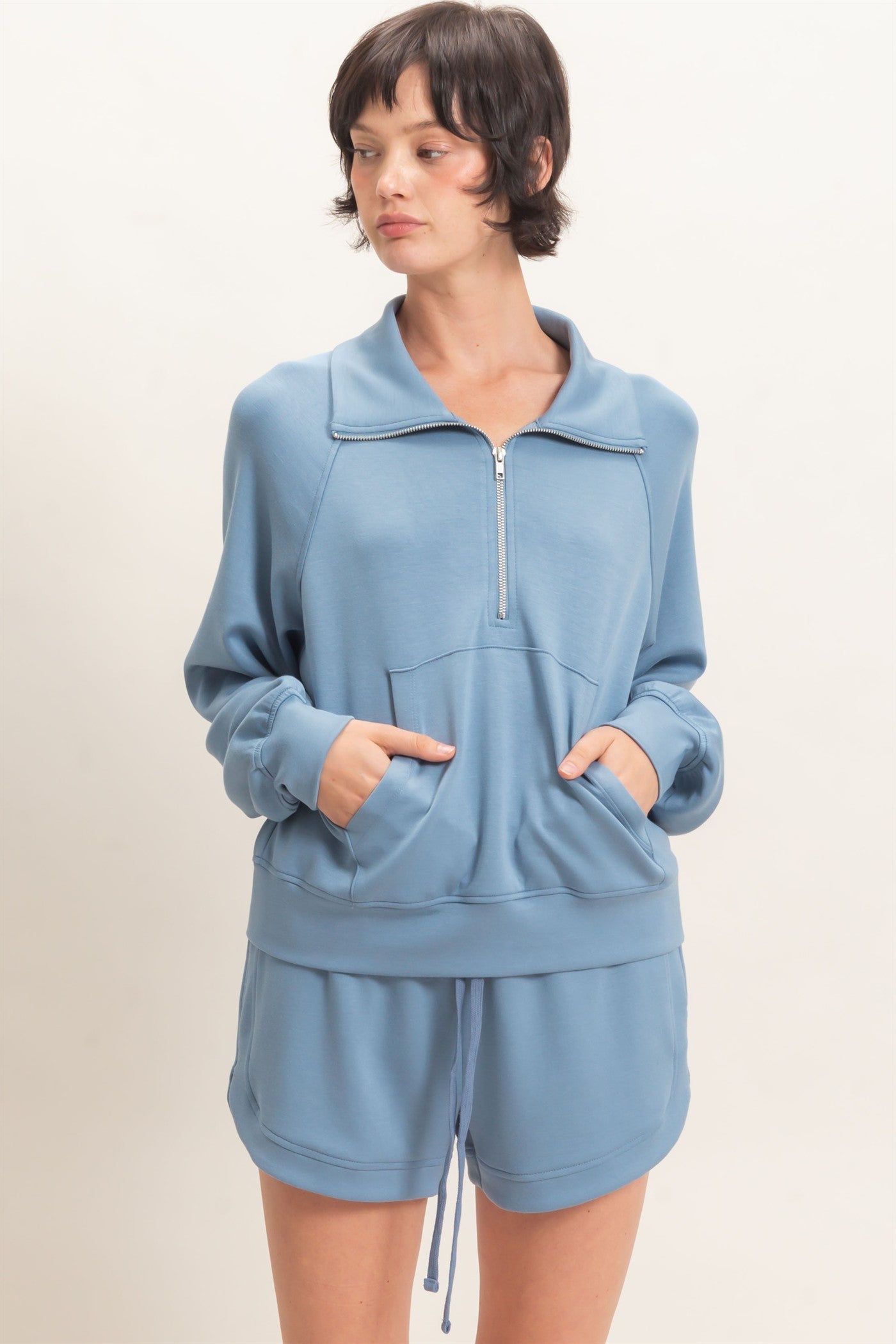 Wholesale Half-Zip Collar Raglan Pullover Sweatshirts DZ26C967 DUSTY BLUE DOUBLE ZERO