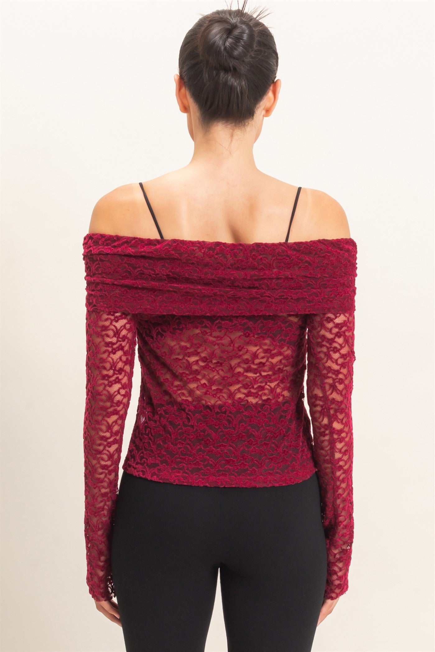 Wholesale Off-Shoulder Lace Top Clothing Tops HF26E407 BURGUNDY HYFVE