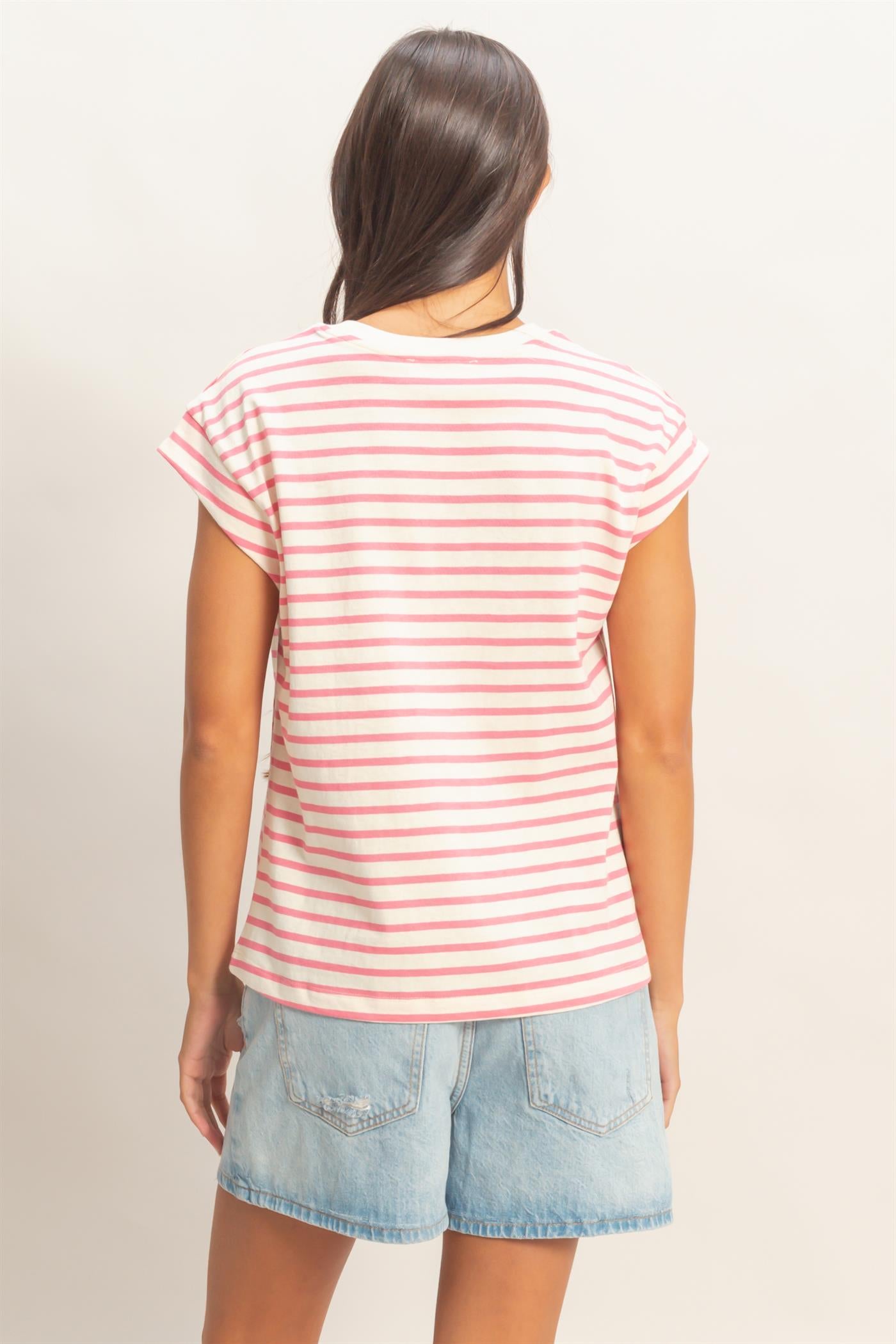 Wholesale Striped Cap Sleeve Relaxed Everyday Tee Clothing Tops DZ26C059 PINK DOUBLE ZERO