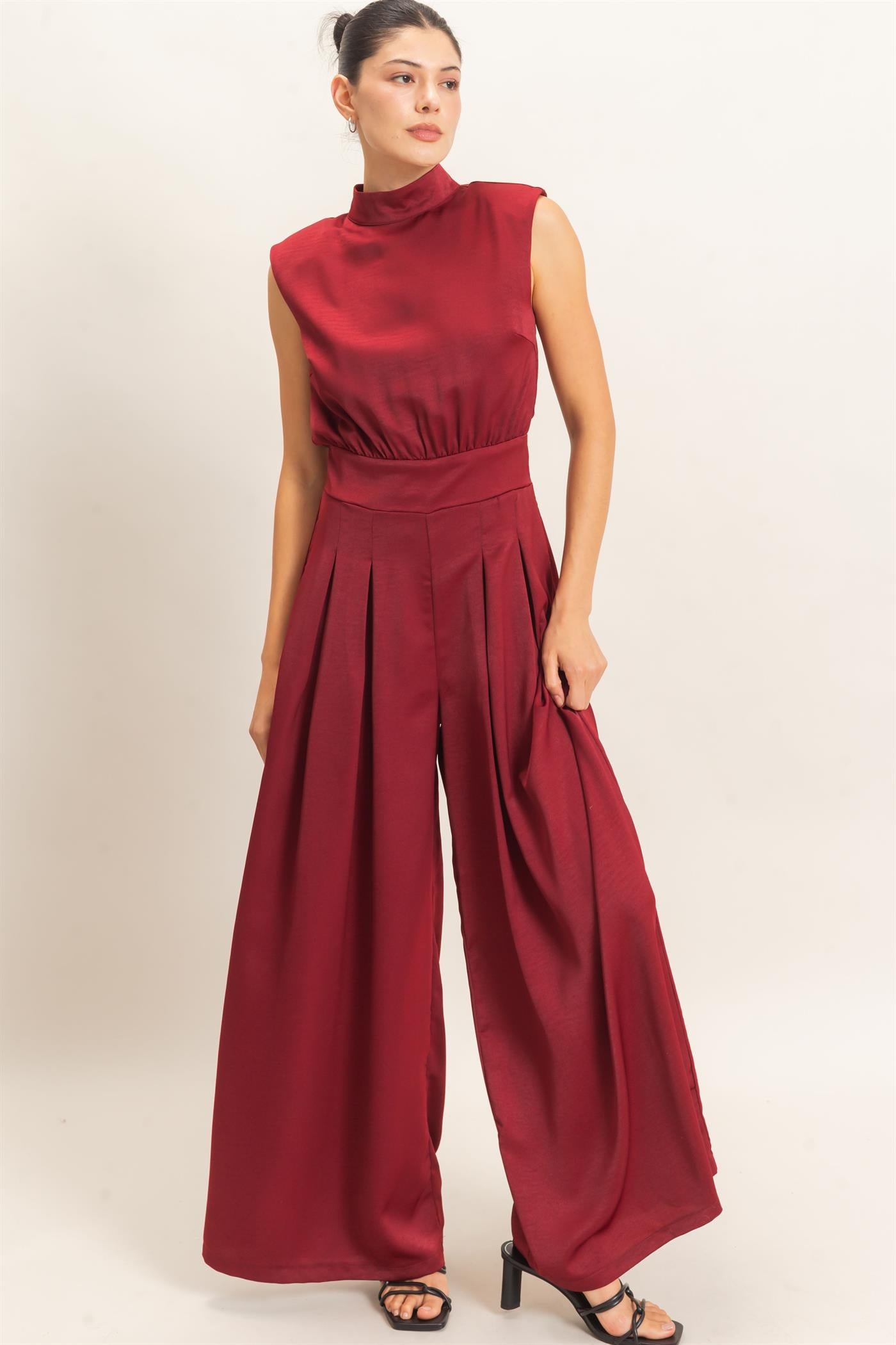 Wholesale Sleeveless Mock Neck Jumpsuit Clothing HF26F209-D WINE HYFVE