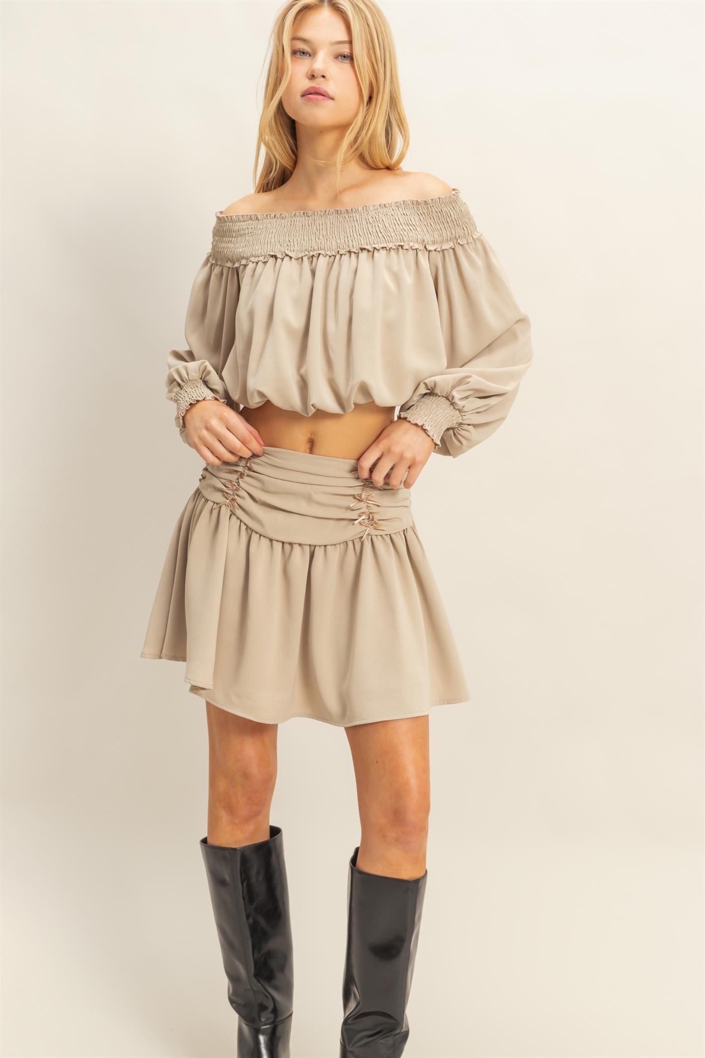 Wholesale Romantic Off Shoulder Top And Gathered Skirt Set Clothing HF25A243-SET BEIGE HYFVE