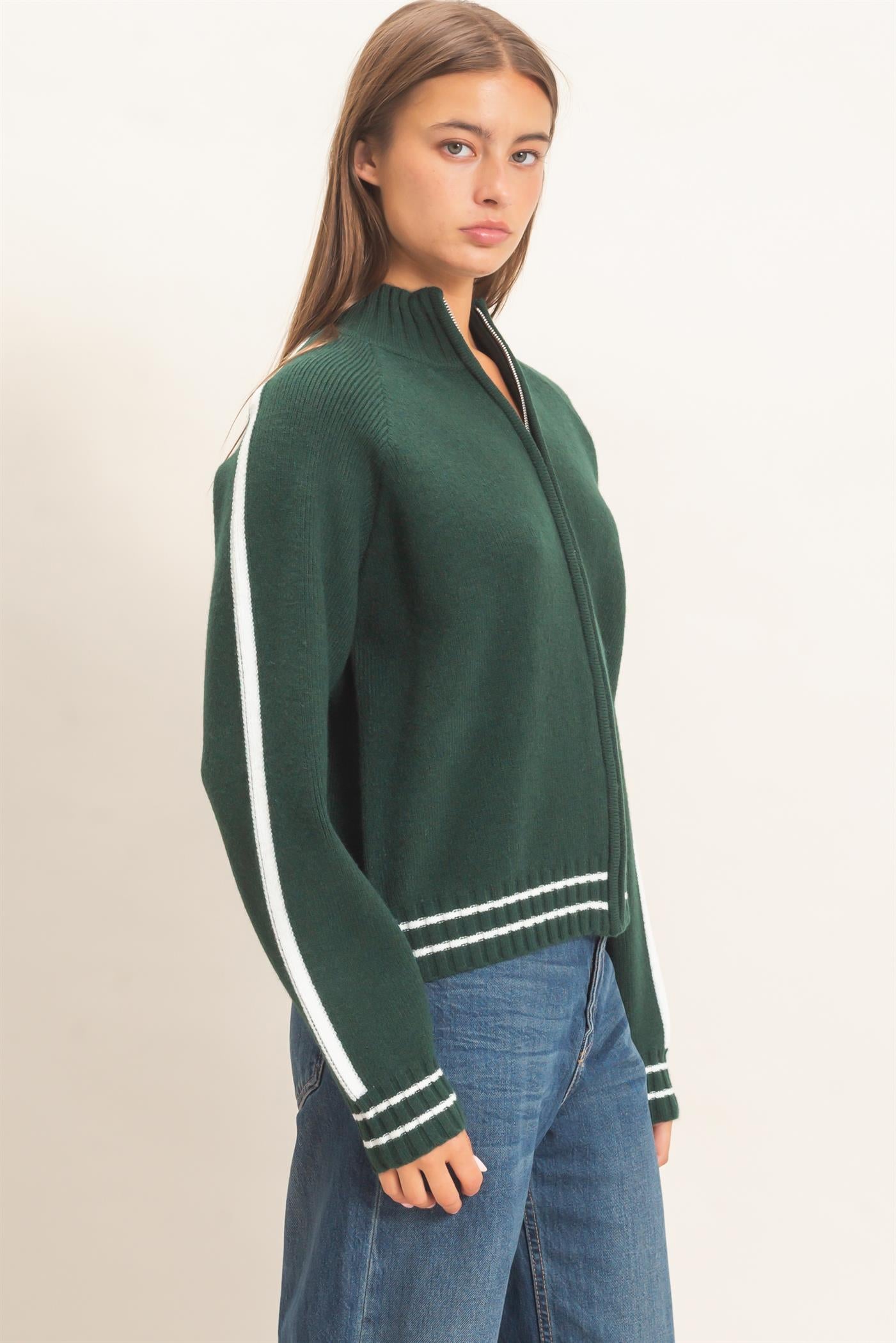 Wholesale Contrast Stripe Zip-Up Sweater Sweaters DZ26E861 DARK GREEN DOUBLE ZERO
