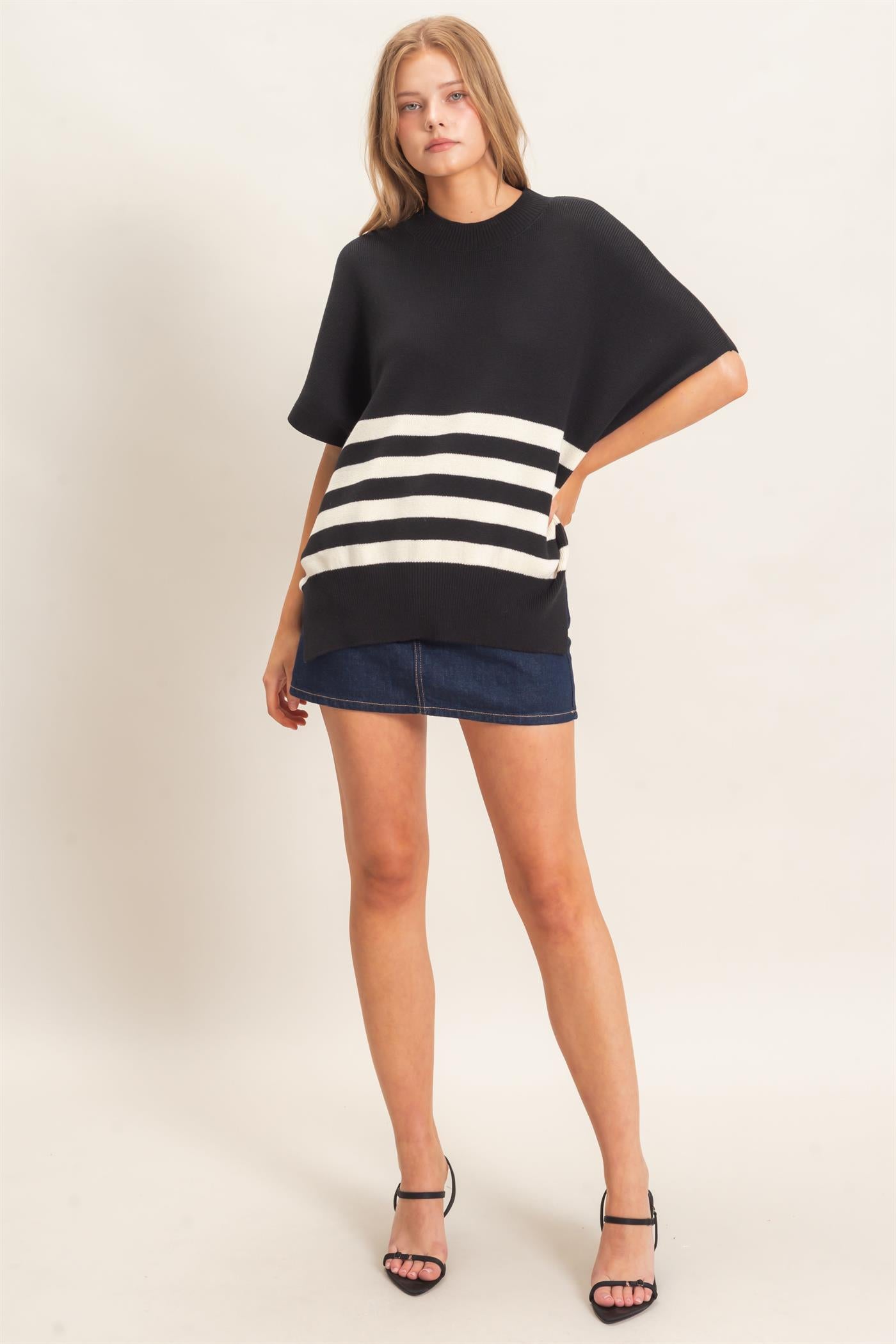 Wholesale Striped Ribbed Crew Neck Sweater Sweaters HF26E350-D BLACK HYFVE