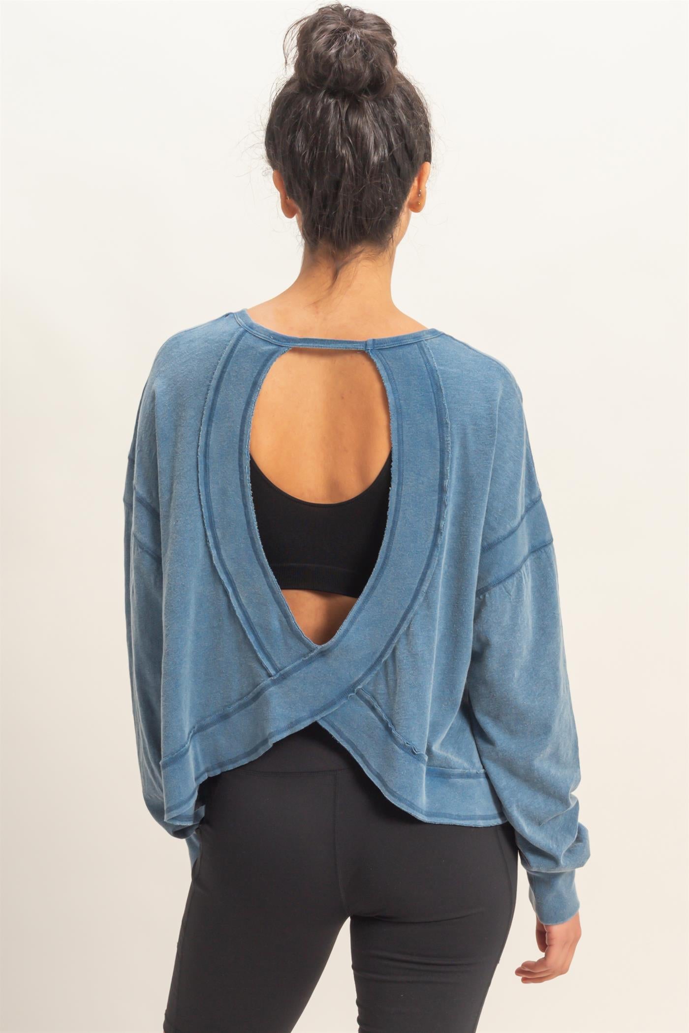 Wholesale Cross Detail Open Back Long-Sleeve Top Clothing Tops DZ26C731 NAVY DOUBLE ZERO