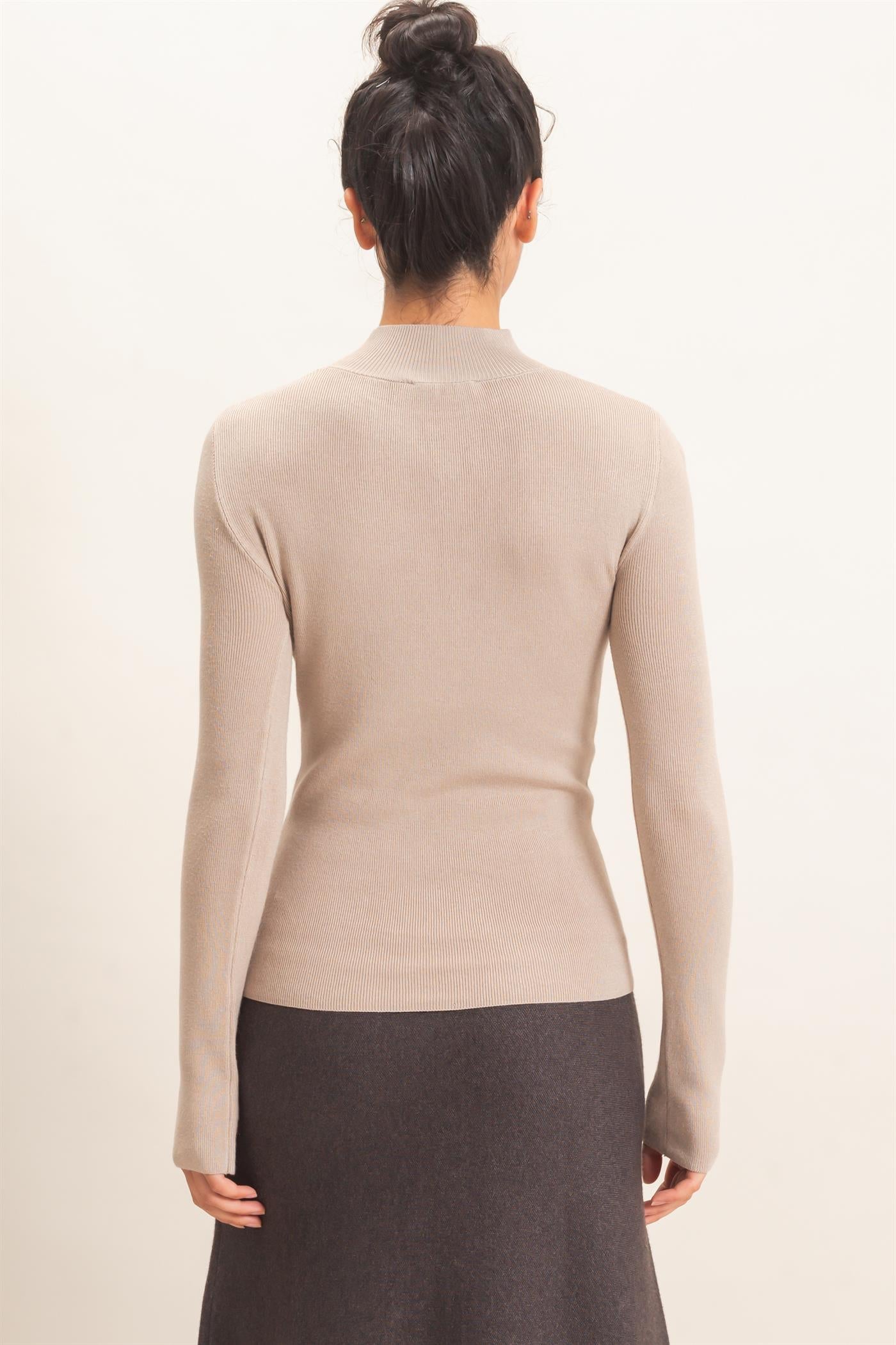 Wholesale Ribbed Mock Neck Long Sleeve Knit Top Clothing Tops DZ26F201 TAUPE DOUBLE ZERO