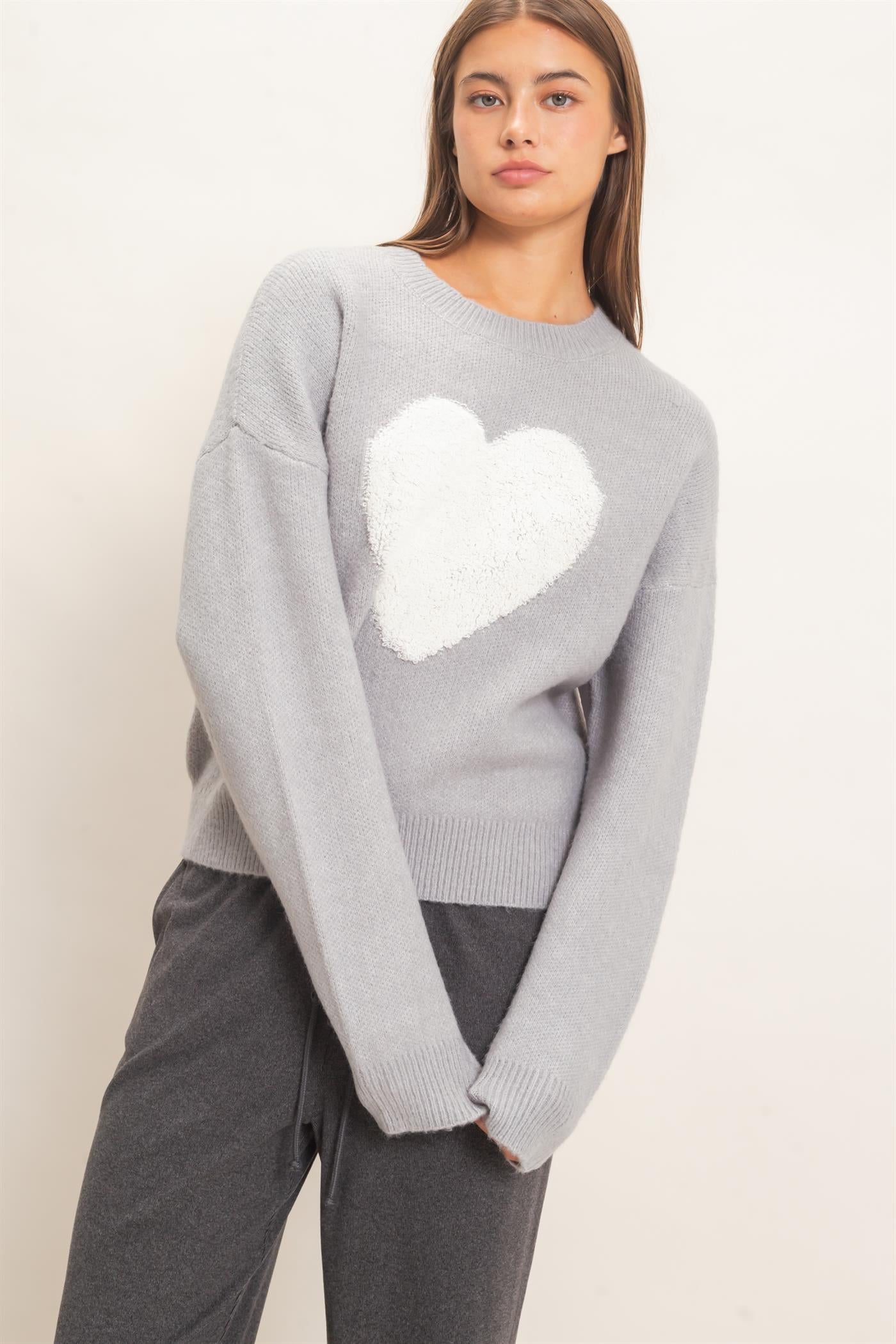 Wholesale Heart Graphic Sweater Sweaters DZ26E430 GRAY DOUBLE ZERO