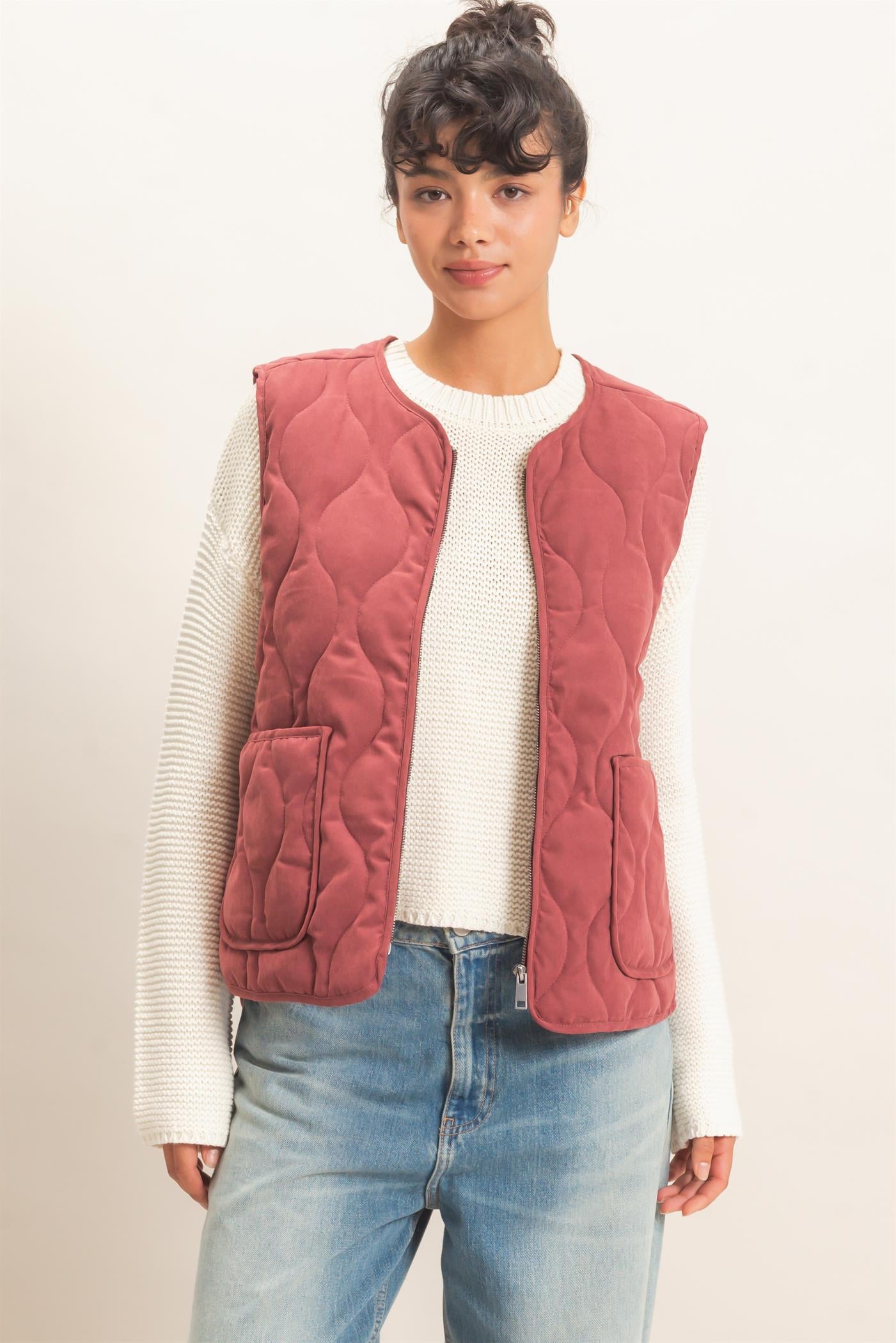 Wholesale Quilted Vest With Pockets Vests DZ26F336 BURGUNDY DOUBLE ZERO