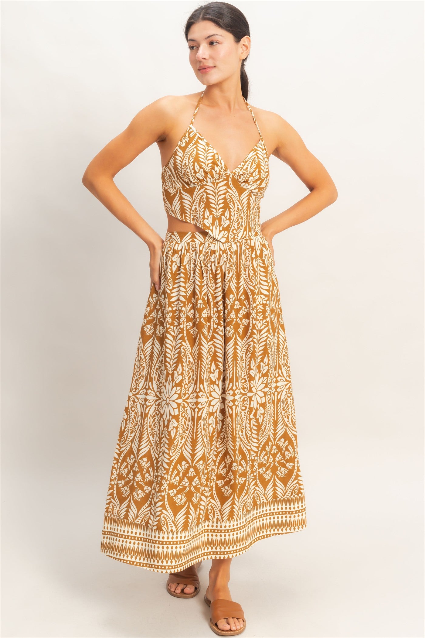 Wholesale Tropical Halter & Skirt Set Clothing HF26A863-SET BROWN HYFVE