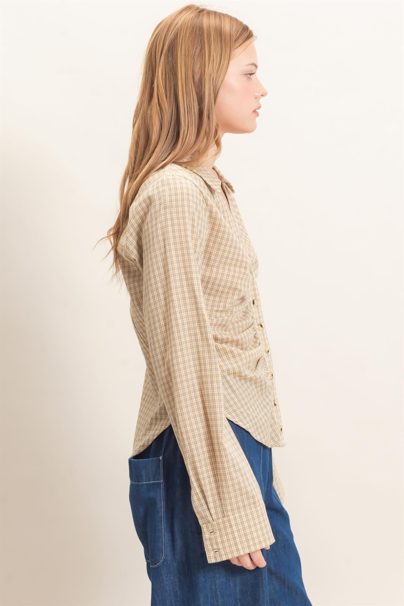 Wholesale Ruched Button-Down Shirt Blouses HF26E348 CREAM HYFVE