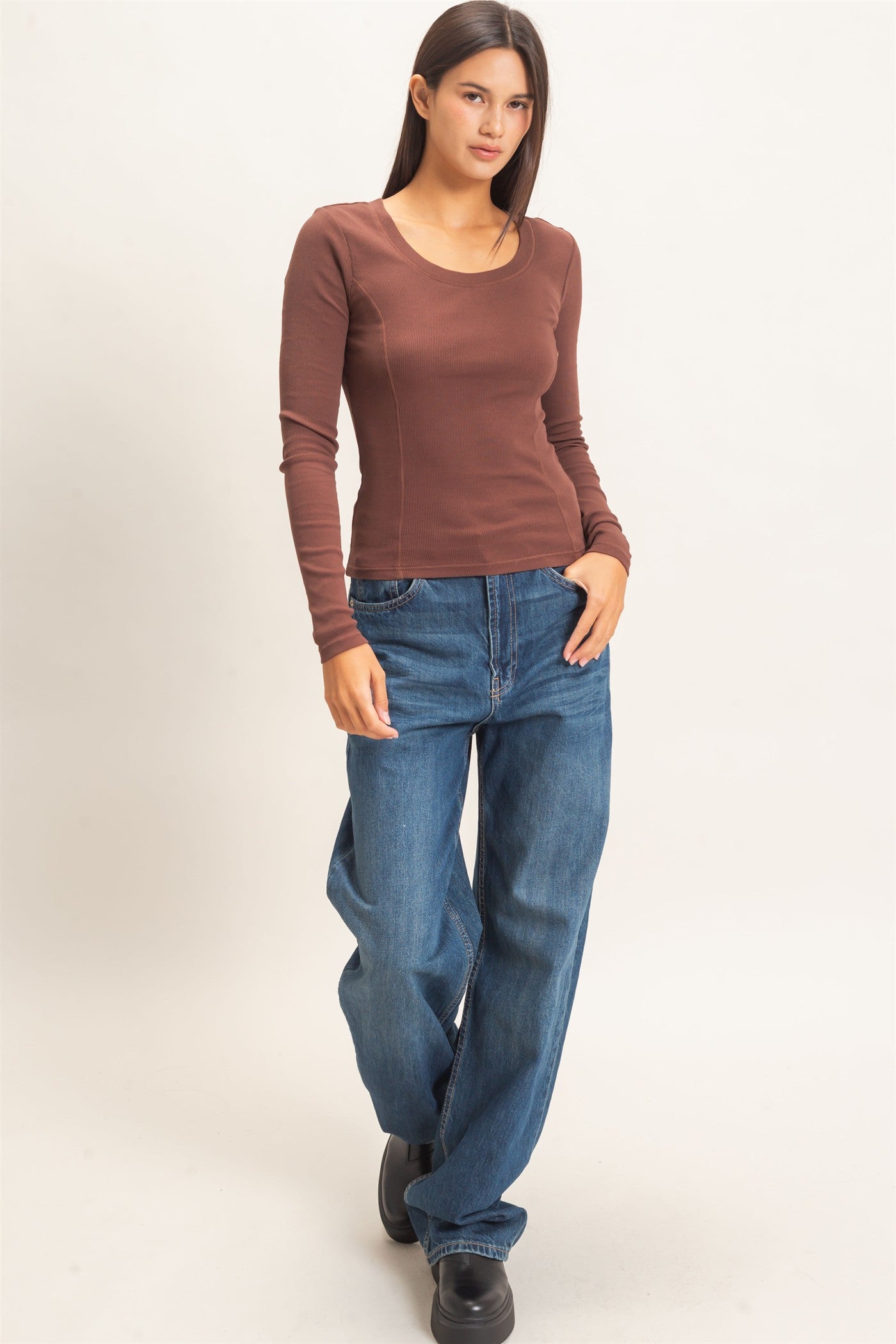 Wholesale Pigment Dye Seam Detail Scoop Neck Top Clothing Tops DZ26E242 DARK BROWN DOUBLE ZERO