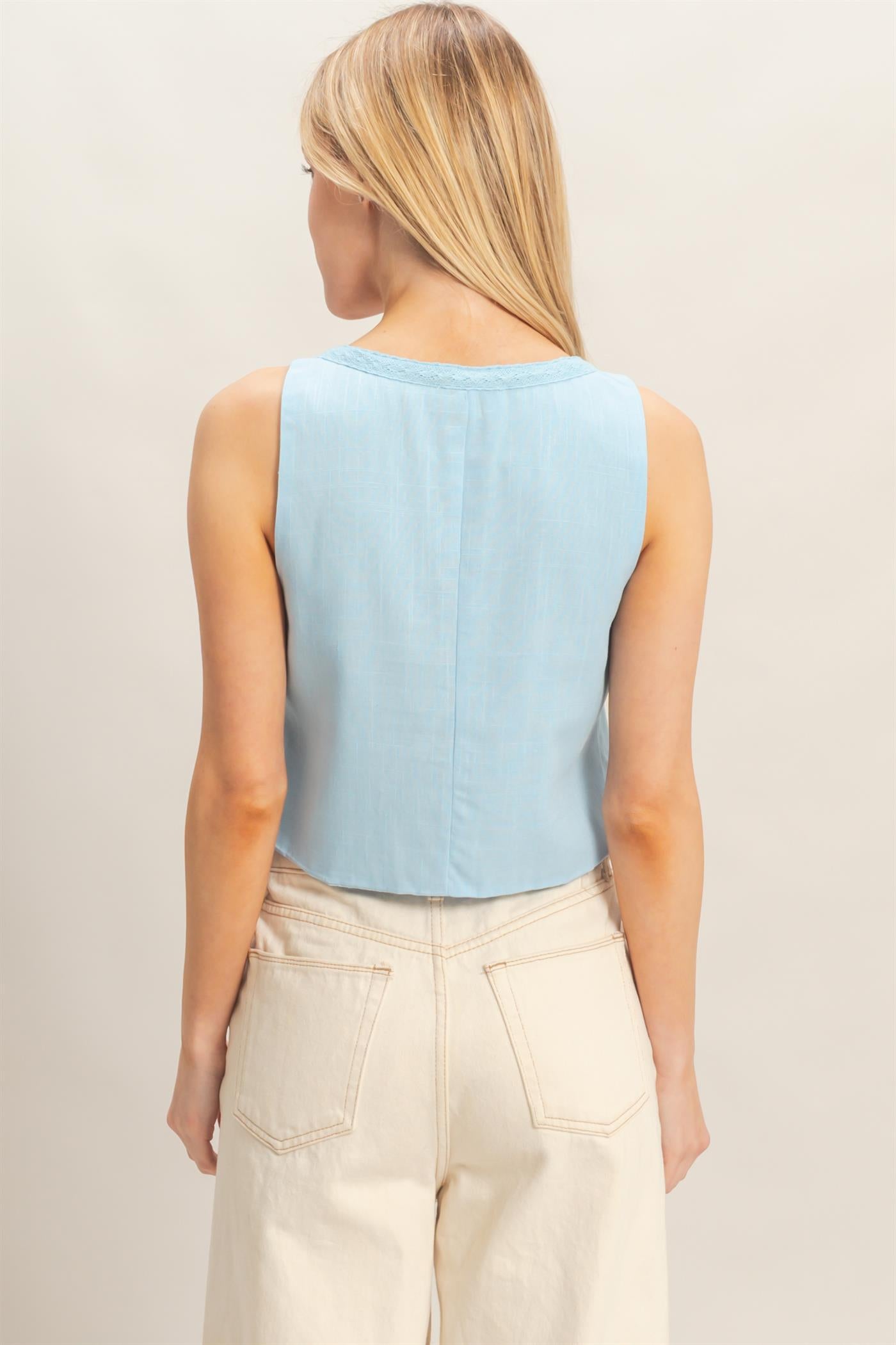 Wholesale Sleeveless Tie-Front Top Blouses HF26C298 LIGHT BLUE HYFVE
