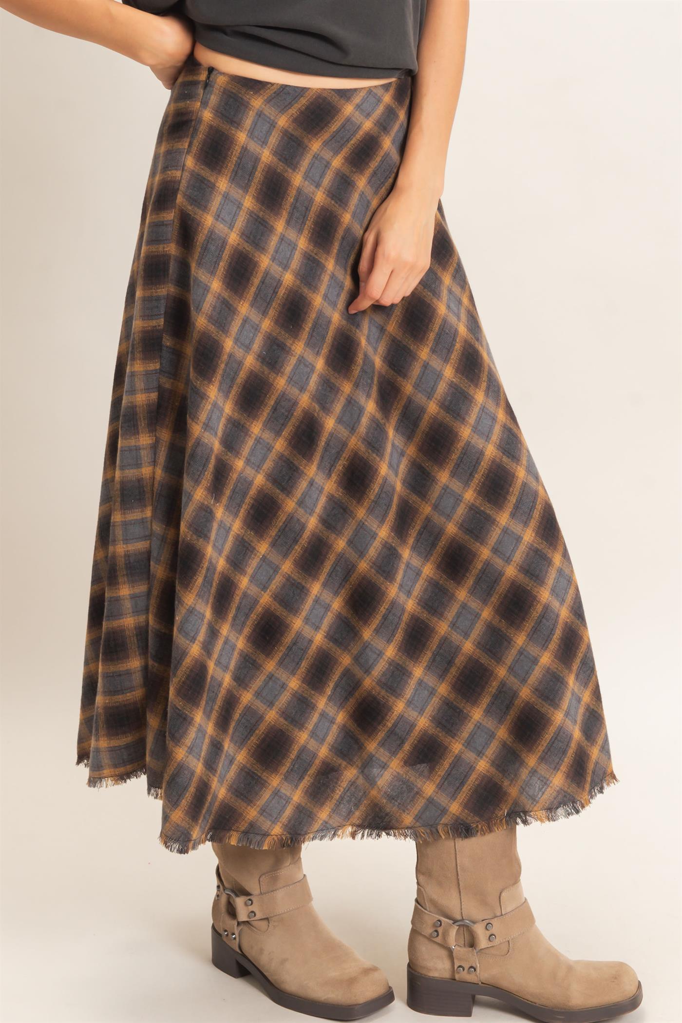 Wholesale A-Line Plaid Frayed Hem Skirt Skirts HF26E972 MUSTARD HYFVE