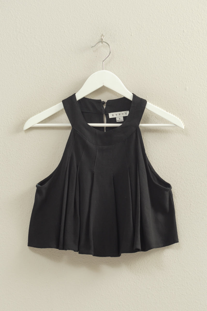 Wholesale Halter Pleated Ruffle Crop Top Clothing Tops HF23C323 BLACK HYFVE