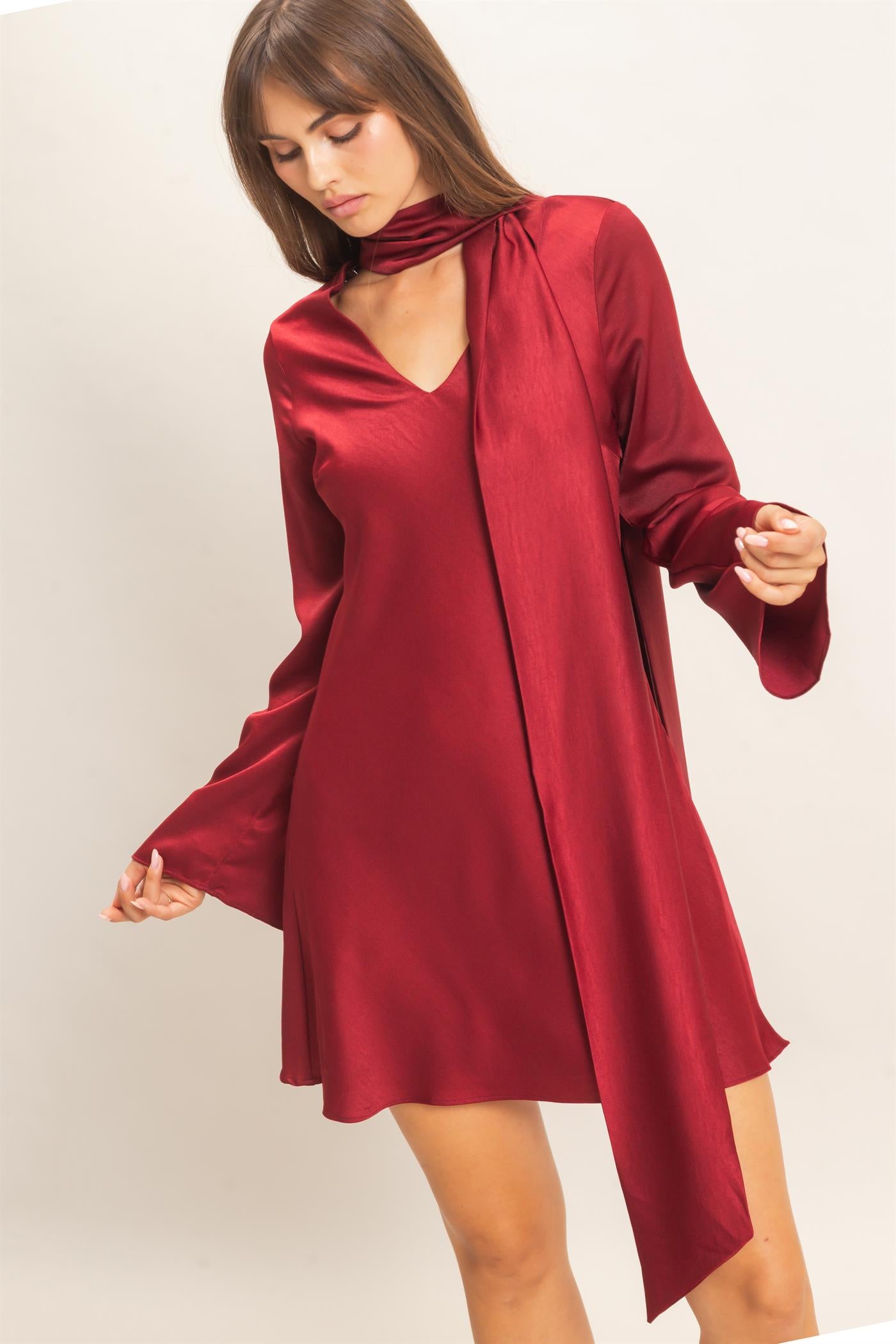 Wholesale Bias Satin Dress With Scarf Dresses HF26E928 BURGUNDY HYFVE