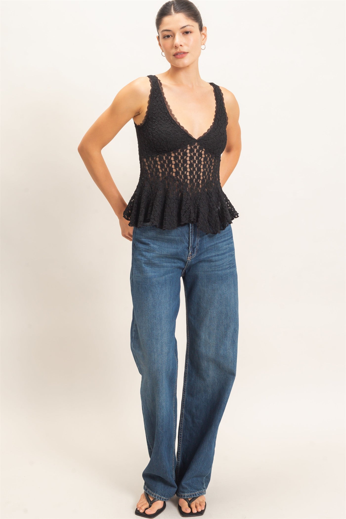 Wholesale Lace V-Neck Peplum Top Clothing Tops HF26E088 BLACK HYFVE