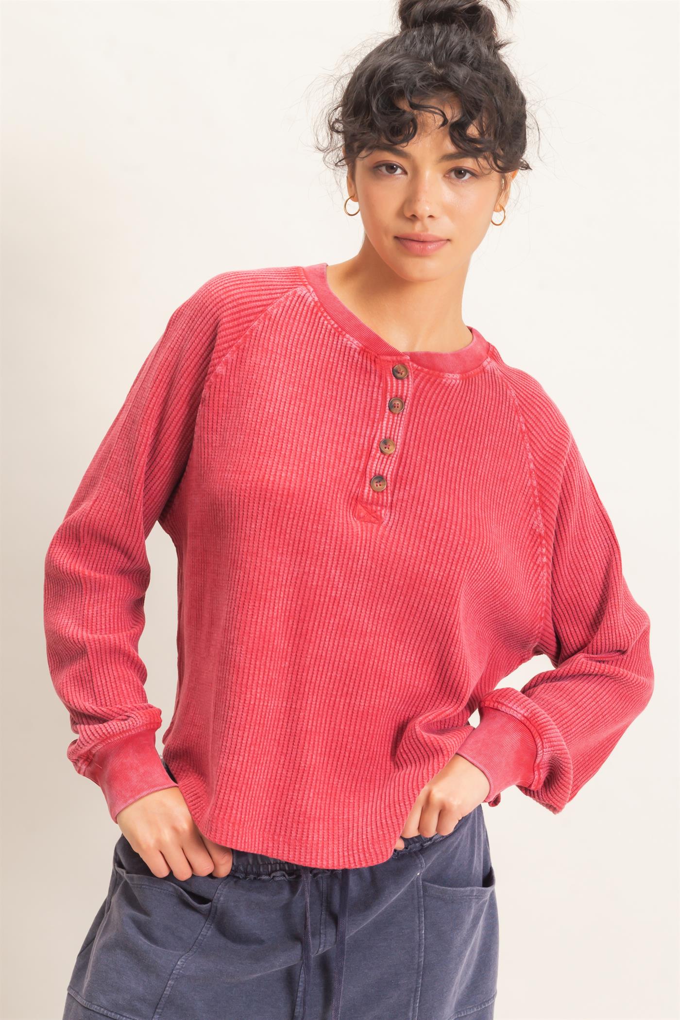 Wholesale Mineral Wash Waffle Knit Henley Top Sweatshirts DZ26E947 DARK RED DOUBLE ZERO
