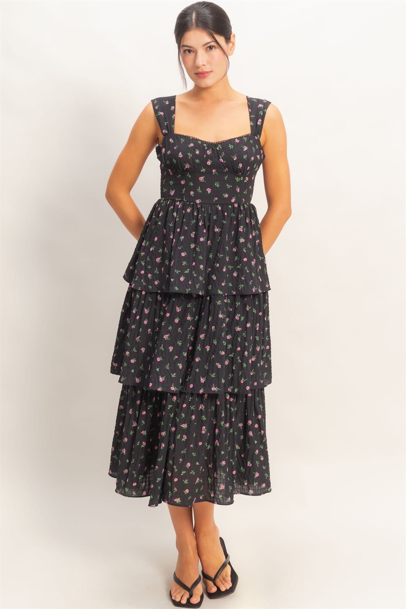 Wholesale Floral Tiered Dress With Boning Dresses HF26A142 BLACK HYFVE