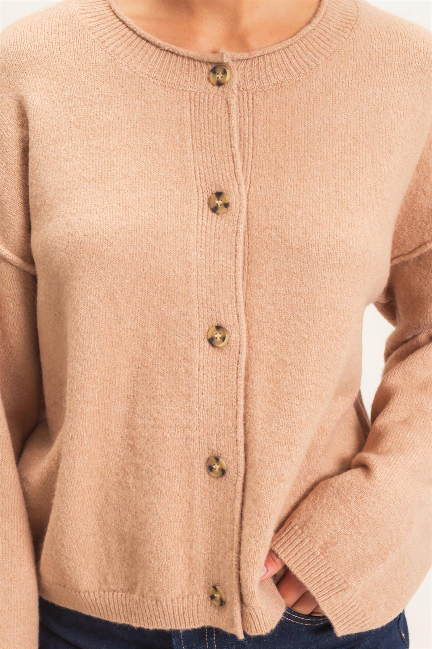 Wholesale Crew Neck Loose Fit Cardigan Cardigans DZ26E269 DARK TAUPE DOUBLE ZERO