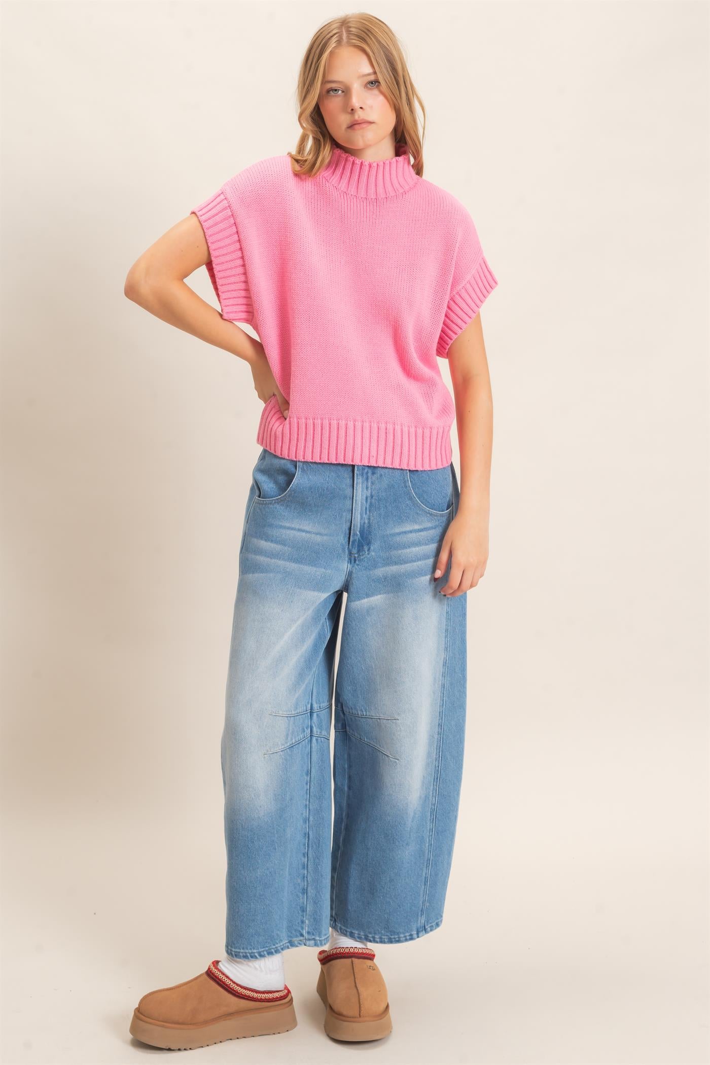 Wholesale Ribbed Mock Neck Sweater Vest Sweaters HF26F186-D PINK HYFVE