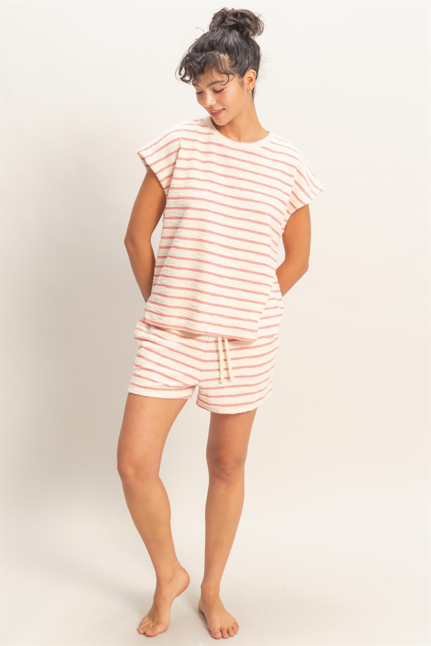 Wholesale Striped Round Neck Short Sleeve Top Clothing Tops DZ26A754 RED DOUBLE ZERO