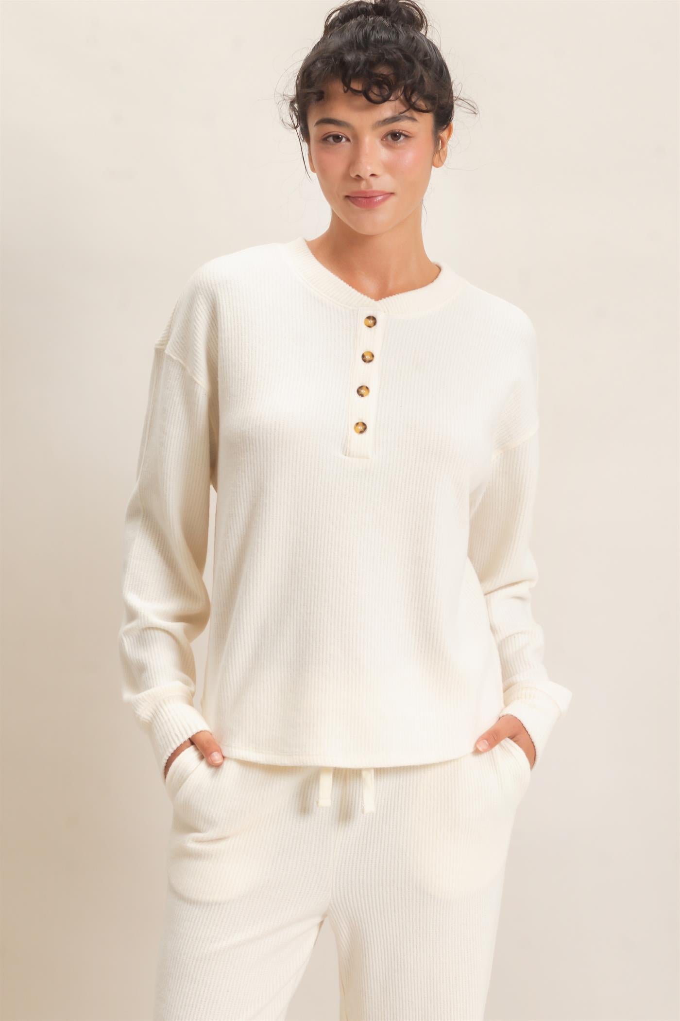 Wholesale Brushed Waffle Henley Top Clothing Tops DZ26F314 CREAM DOUBLE ZERO