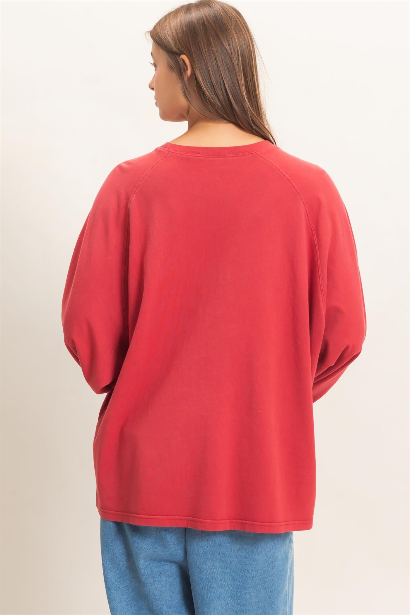 Wholesale Pigment Dye Oversized Long Sleeve Top Clothing Tops DZ26A825 DARK RED DOUBLE ZERO