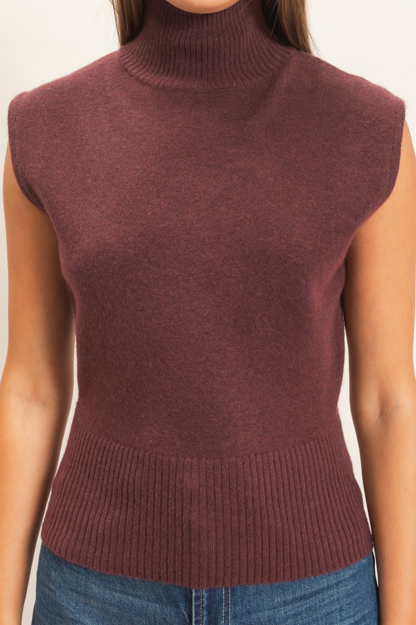 Wholesale Sleeveless High Neck Knit Top Clothing Tops DZ26E946 CHESTNUT DOUBLE ZERO