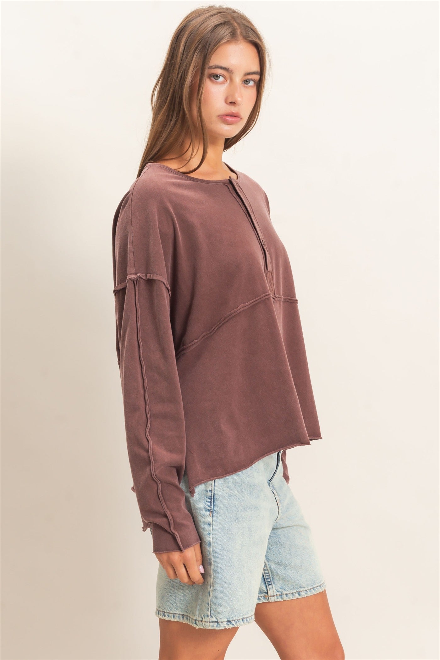 Wholesale Oversized Henley Top With Raw Edges Clothing Tops DZ26F128 DARK BROWN DOUBLE ZERO