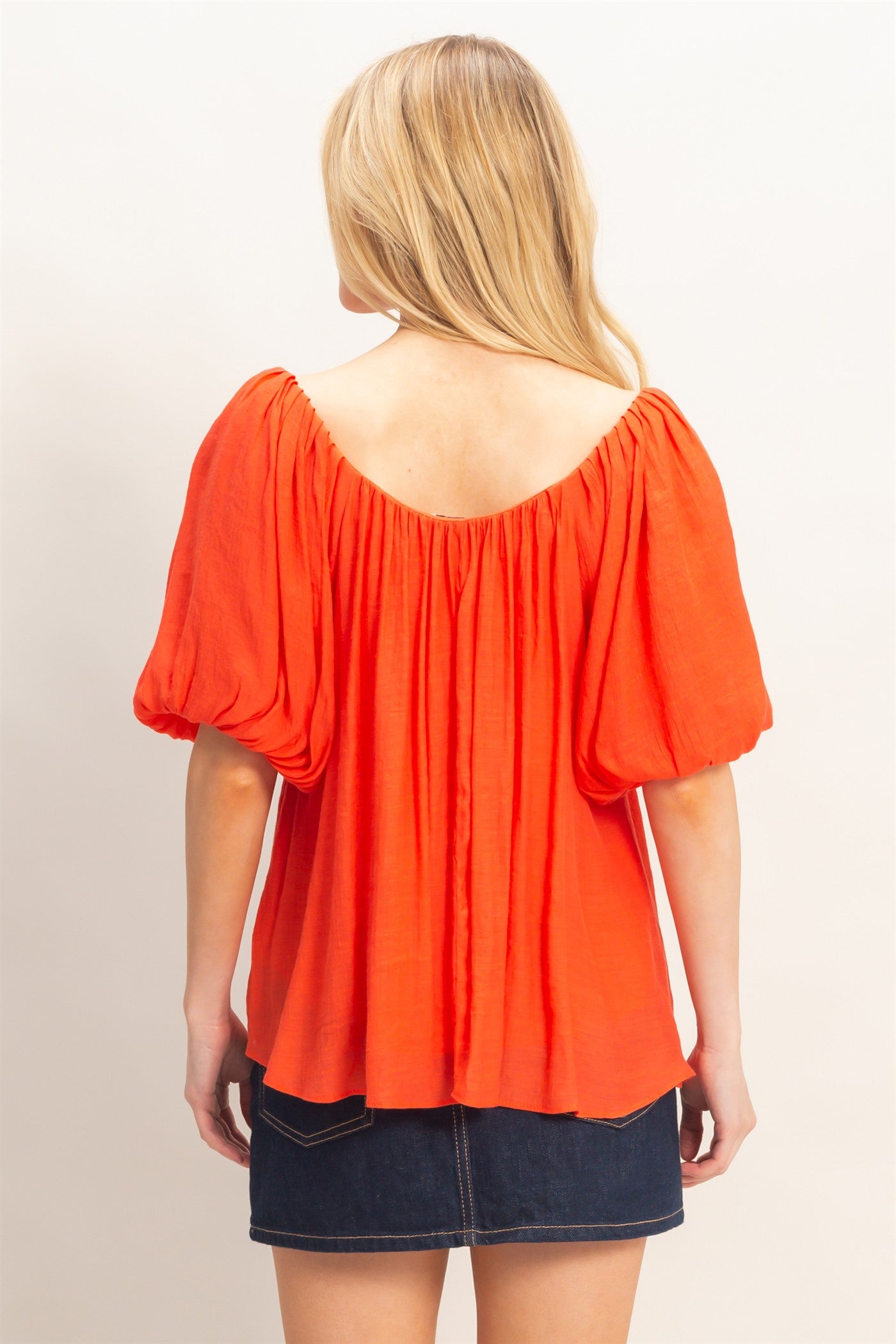 Wholesale Gathered Puff Sleeve Blouse Blouses HF26C307 ORANGE RED HYFVE