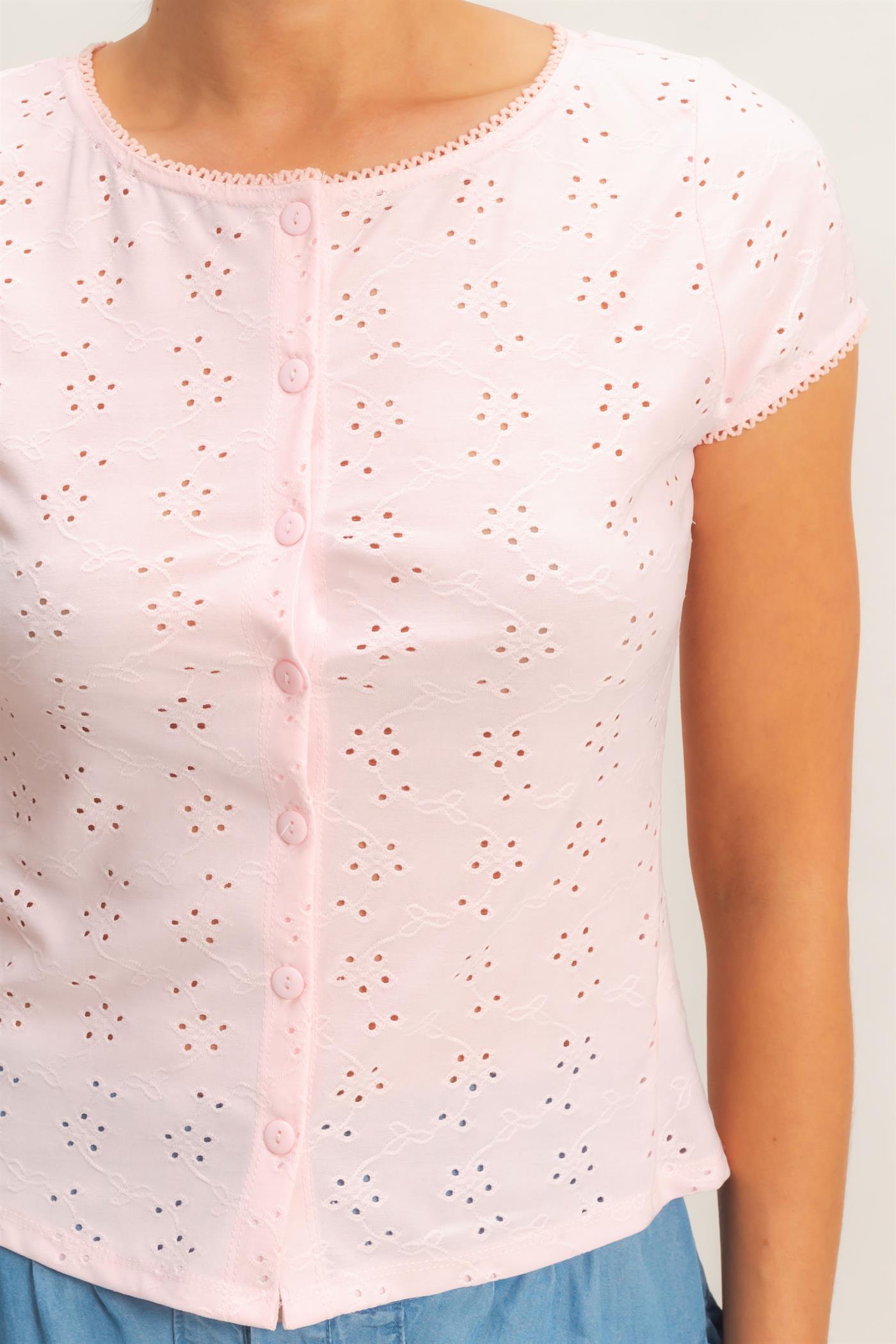 Wholesale Eyelet Button Front Knit Top Clothing Tops HF26C094 PINK HYFVE