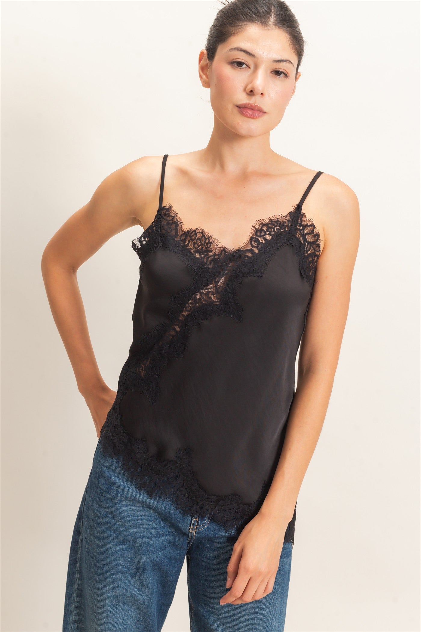 Wholesale Asymmetrical Satin Lace Top Camisoles HF26C945-D BLACK HYFVE