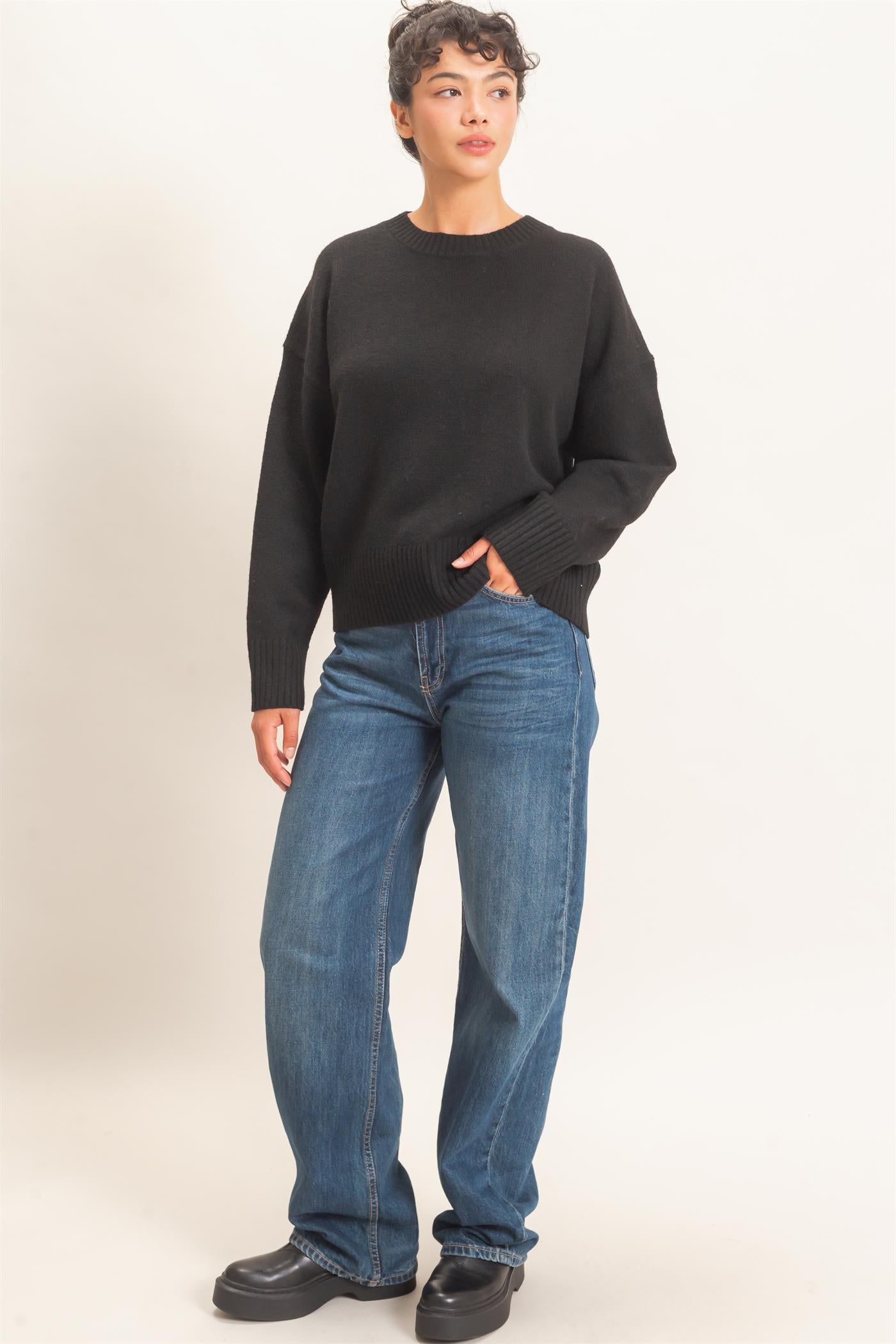 Wholesale Relaxed Fit Crew Neck Sweater Sweaters DZ26E956 BLACK DOUBLE ZERO