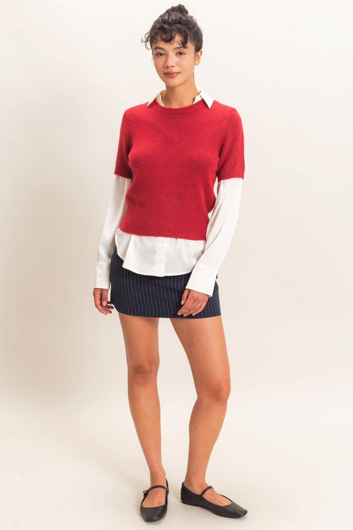 Wholesale Crew Neck Short Sleeve Knit Top Clothing Tops DZ26E944 DARK RED DOUBLE ZERO