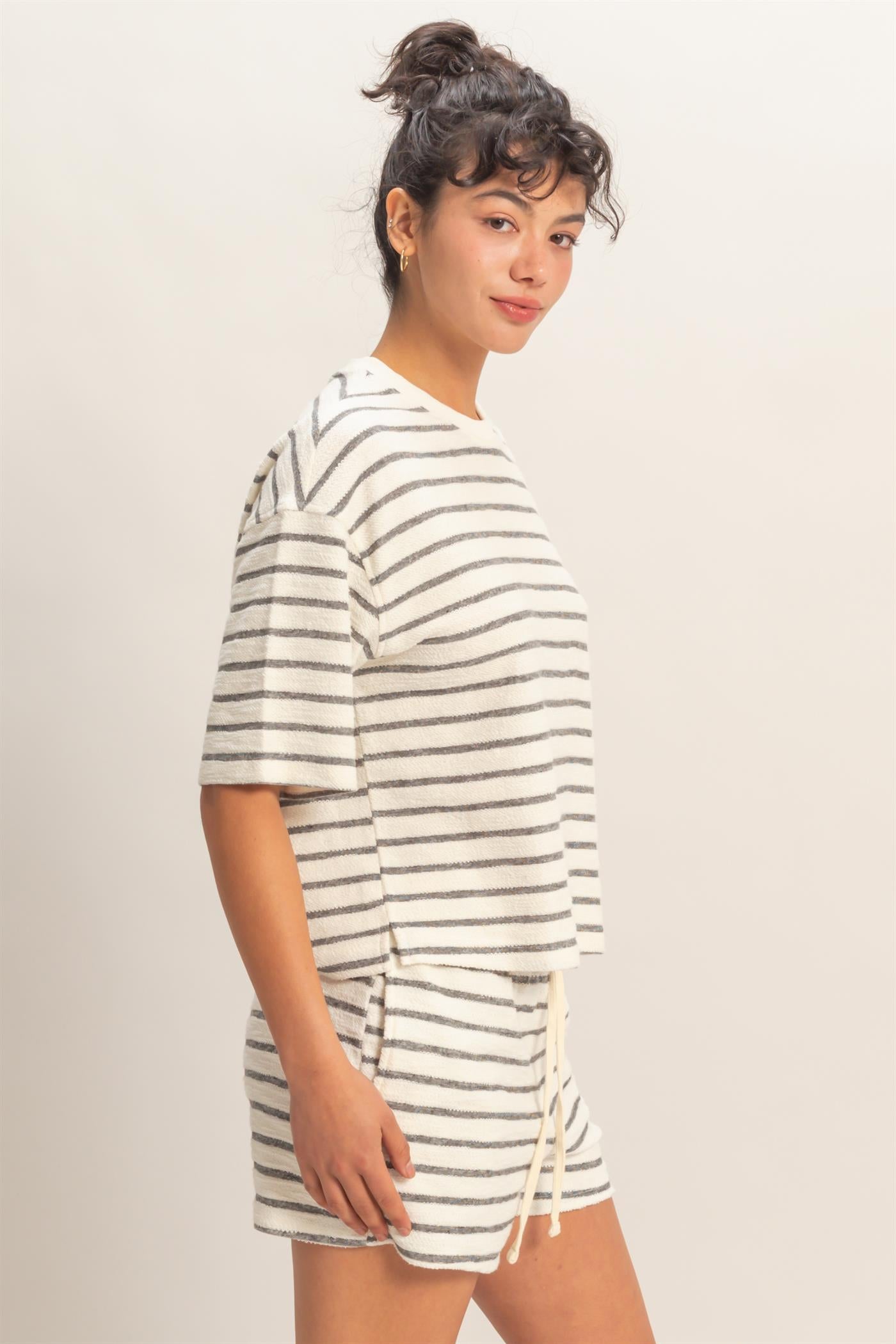 Wholesale Striped Short Sleeve Terry Crew Neck Top Clothing Tops DZ26A887 BLACK DOUBLE ZERO