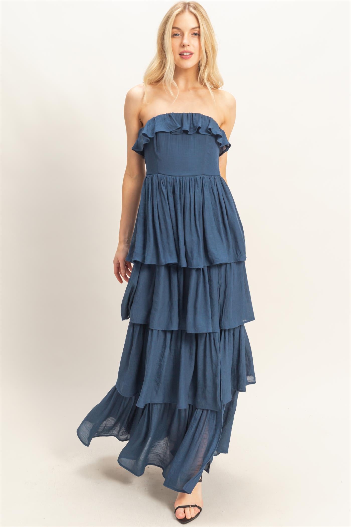 Wholesale Tiered Strapless Ruffle Dress Dresses HF26A616-D NAVY HYFVE
