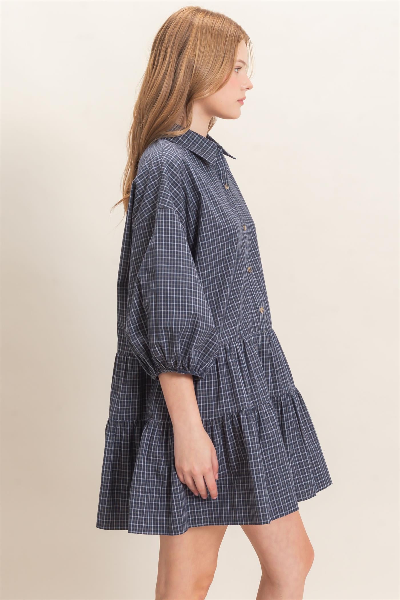 Wholesale Plaid Button-Down Tiered Dress Dresses HF26E795 NAVY HYFVE