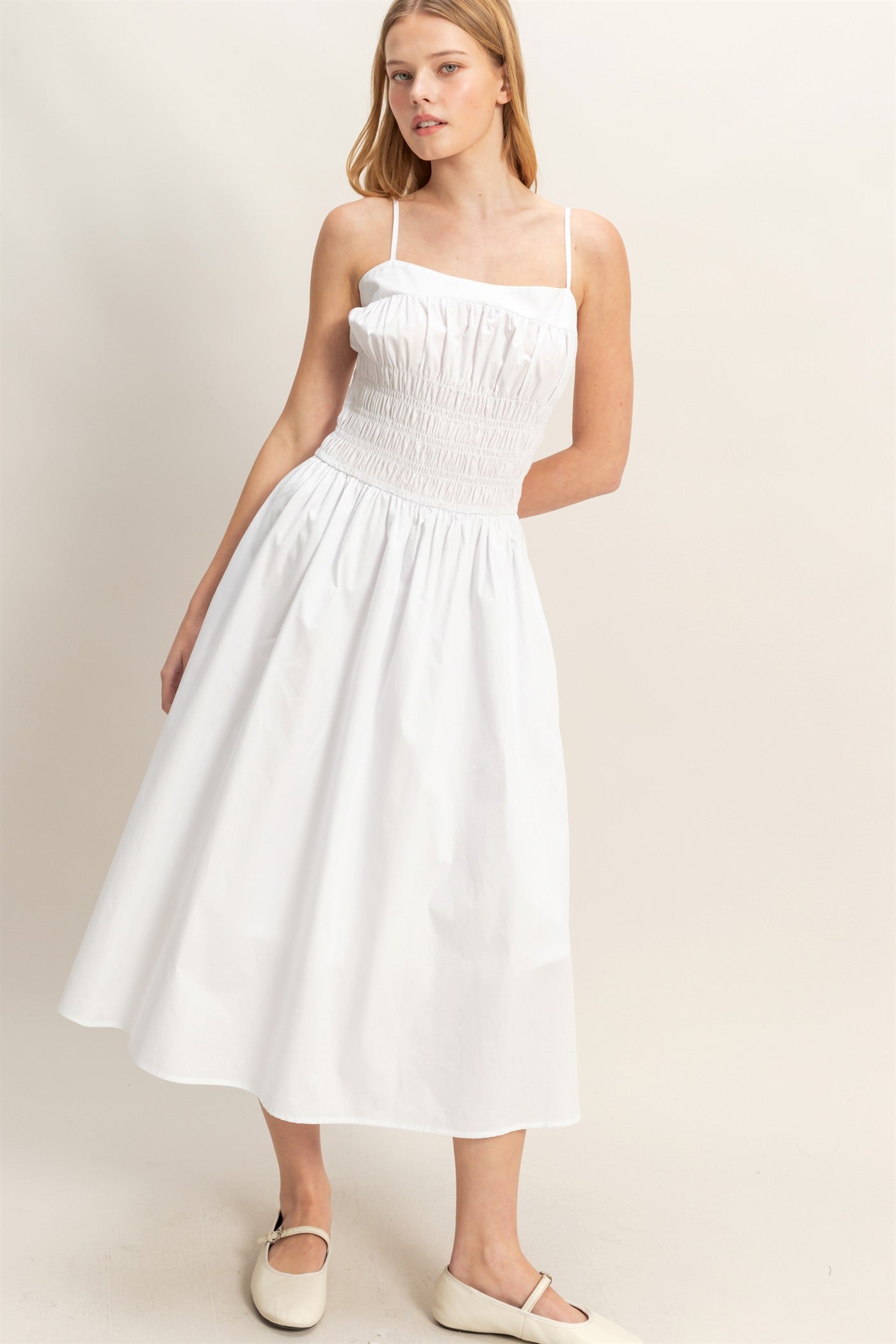 Wholesale Smocked Strapped Midi Dress Dresses HF26A624 WHITE HYFVE