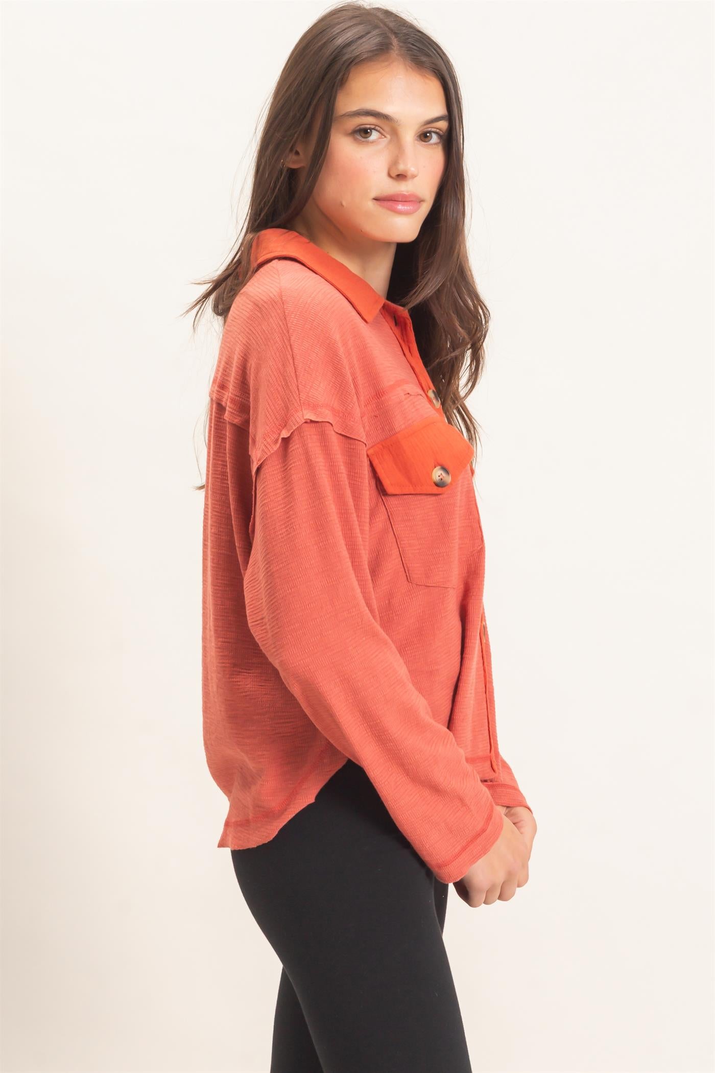 Wholesale Textured Button-Up Shirt Clothing Tops HF26C878 BRICK HYFVE
