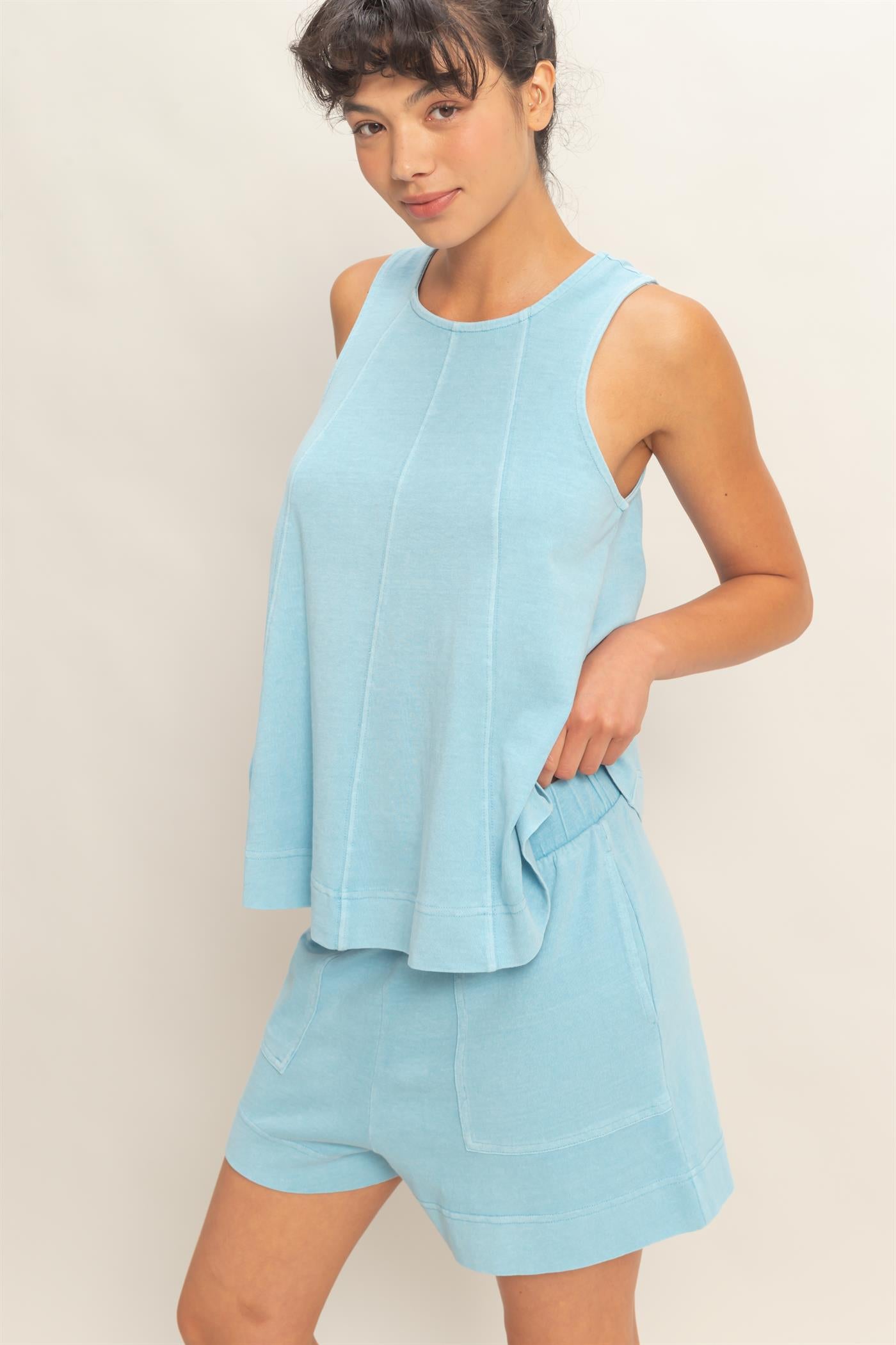 Wholesale Sleeveless Round Neck Top & Shorts Set Clothing DZ26C730-SET BLUE DOUBLE ZERO