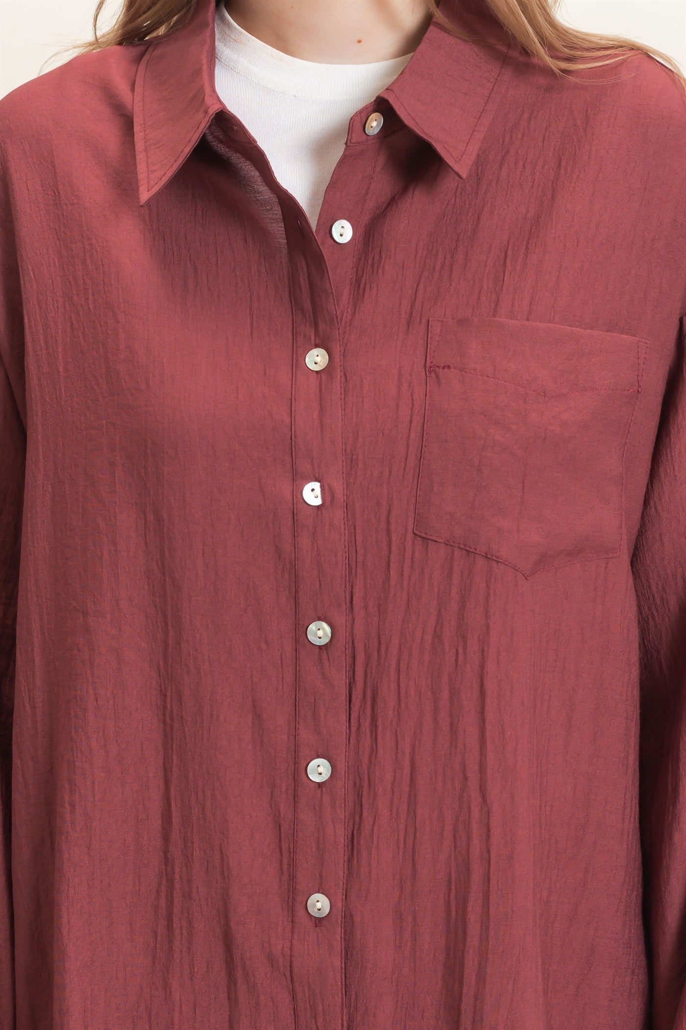 Wholesale Crinkled Button-Up Shirt Clothing Tops HF26E691 MAROON HYFVE