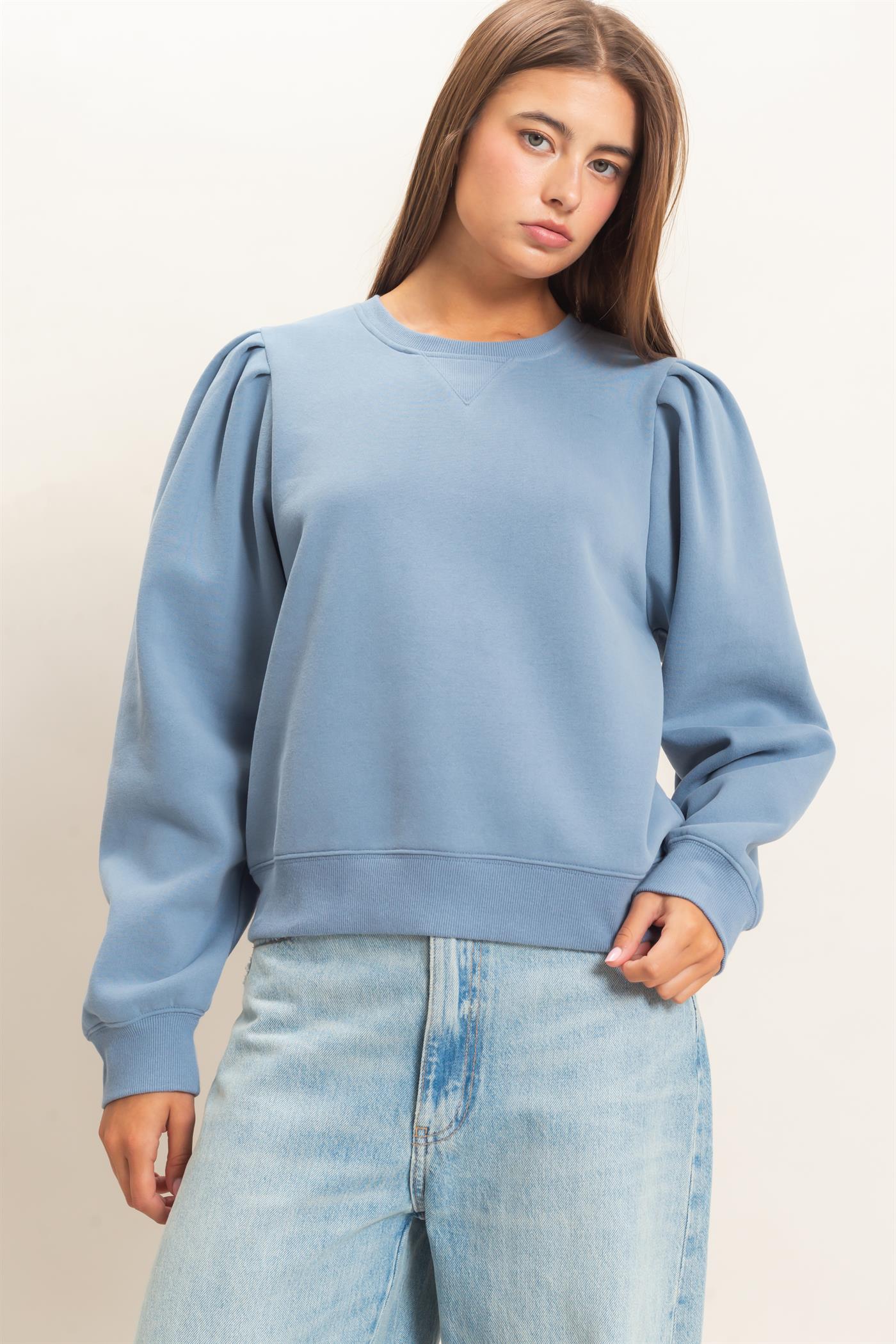 Wholesale Puff Sleeve Crew Neck Sweatshirt Sweatshirts DZ26E110 DUSTY BLUE DOUBLE ZERO