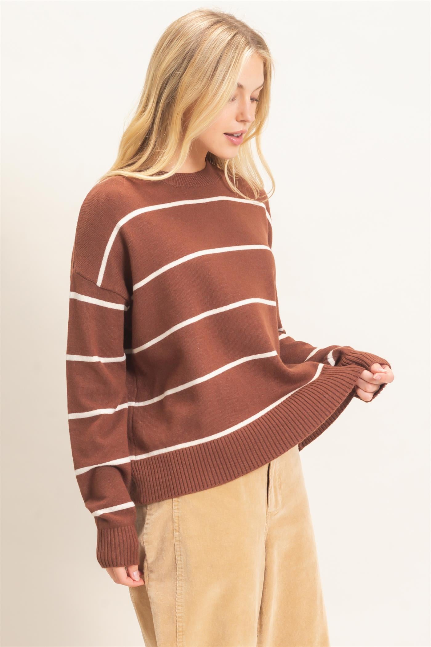 Wholesale Striped Ribbed Crew Neck Sweater Sweaters HF26F169 BROWN HYFVE