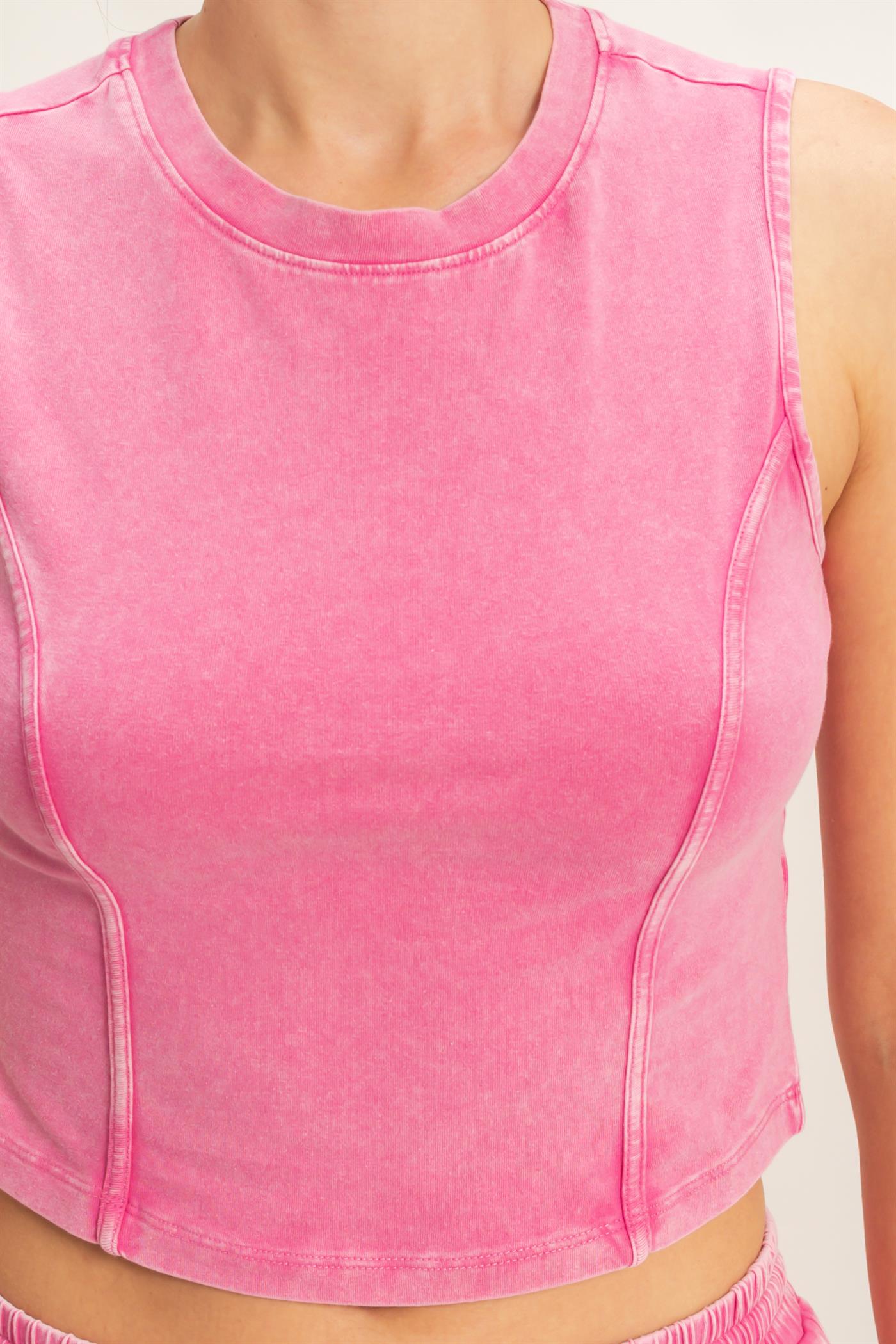 Wholesale Mineral Washed Sleeveless Top & Wide Leg Pants Set Clothing DZ26A371-SET FUCHSIA DOUBLE ZERO