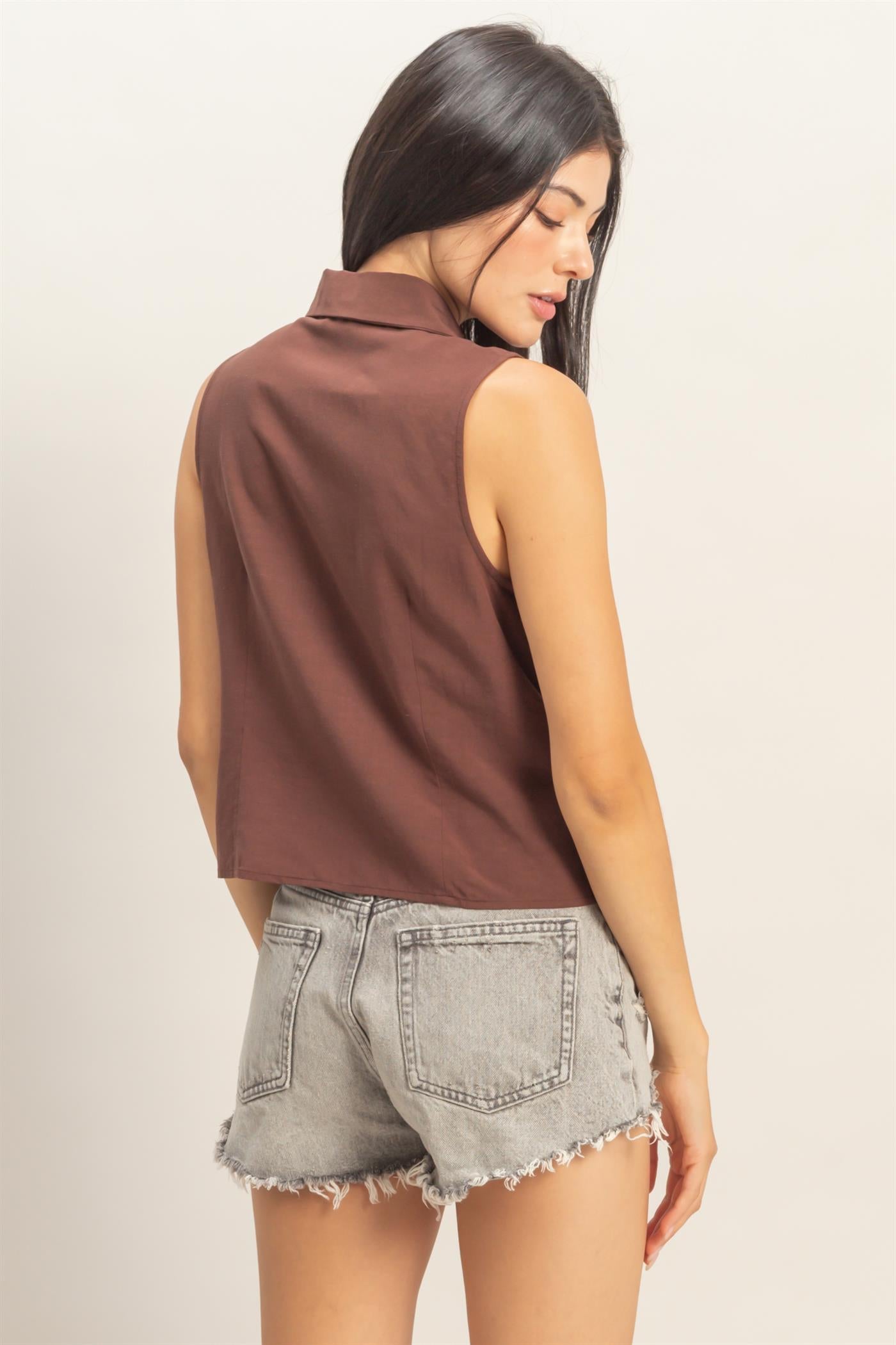 Wholesale Sleeveless Lyocell Linen Button Front Top Clothing Tops DZ26C189 CHOCOLATE DOUBLE ZERO